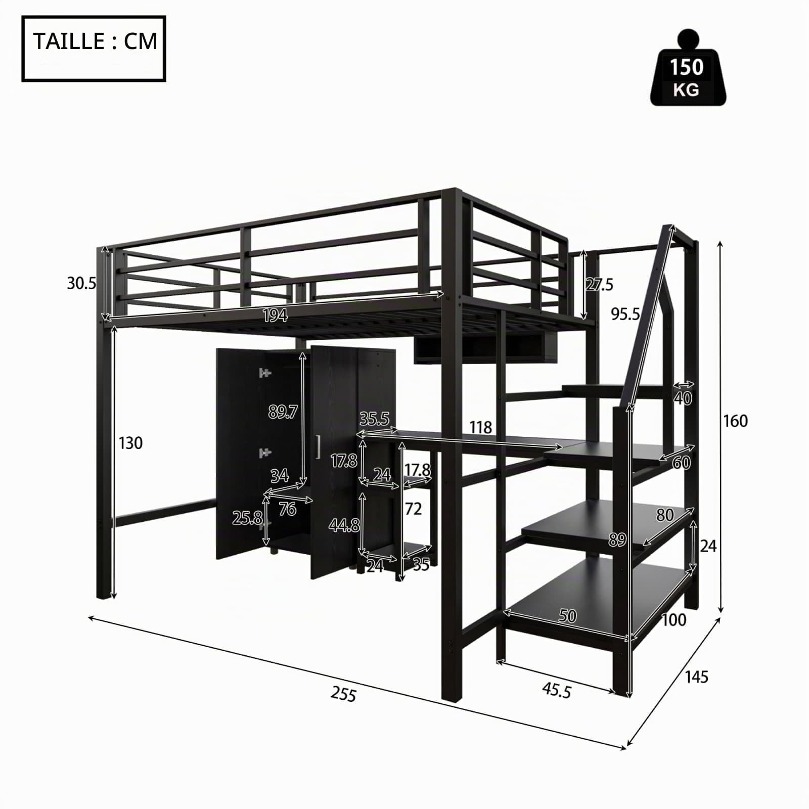 KOMHTOM 140x200cm Multifonctionnel Lit Superposé avec Armoire et étagère, Lit Surélevé avec échelle de Rangement et Bureau(sans Matelas) (Noir)