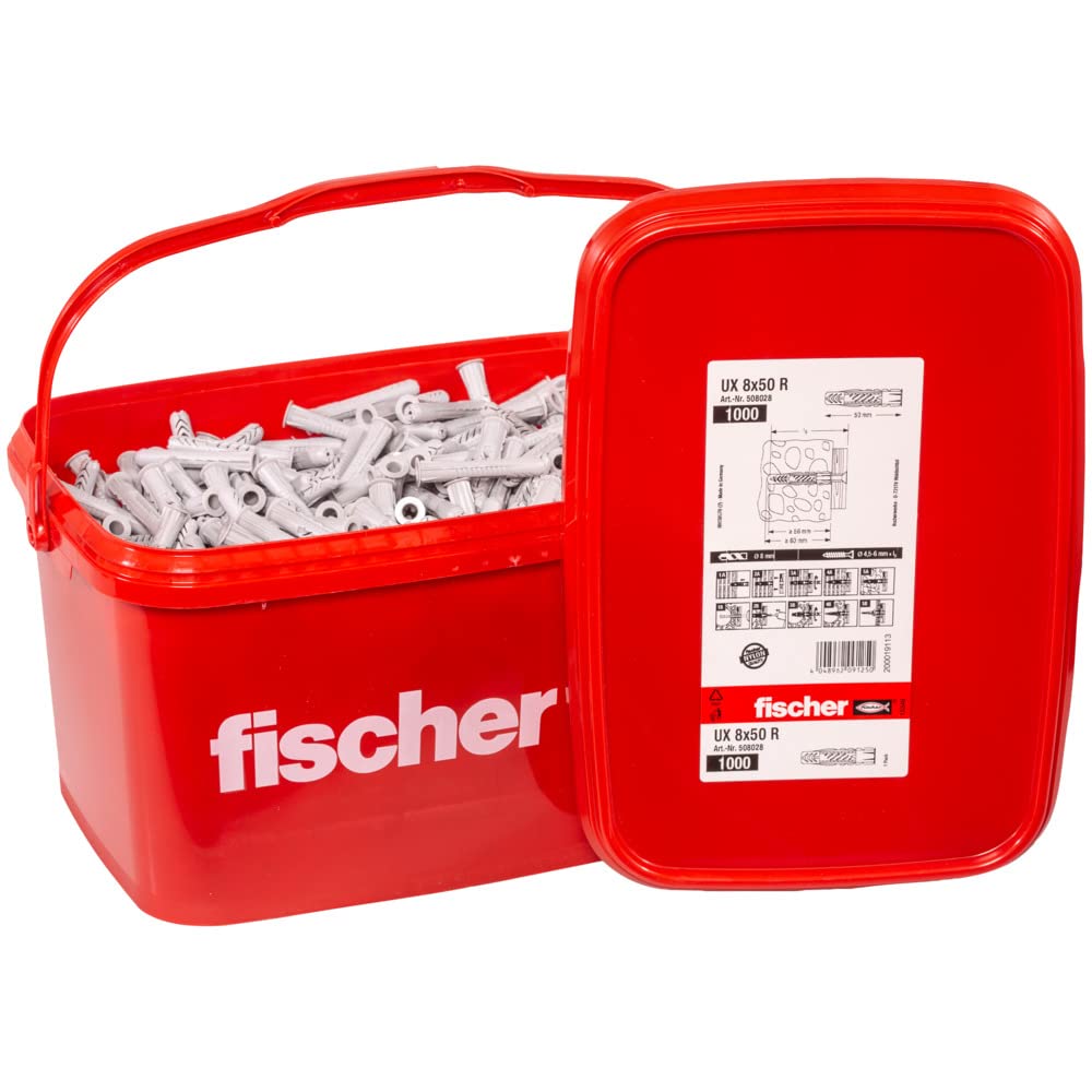 fischer Universal Dowel UX 8 x 50 R in Practical Bucket, Universal Nylon Dowel with Edge for All Building Materials, Pack of 1,000 in Storage Bucket, Grey