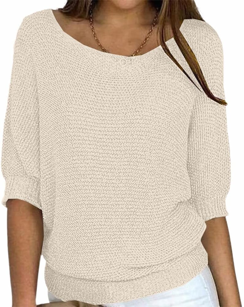 Women's Knitted Boat Neck 3/4 Sleeve Sweaters Batwing Loose Fit Casual Work Dressy Pullover Sweater