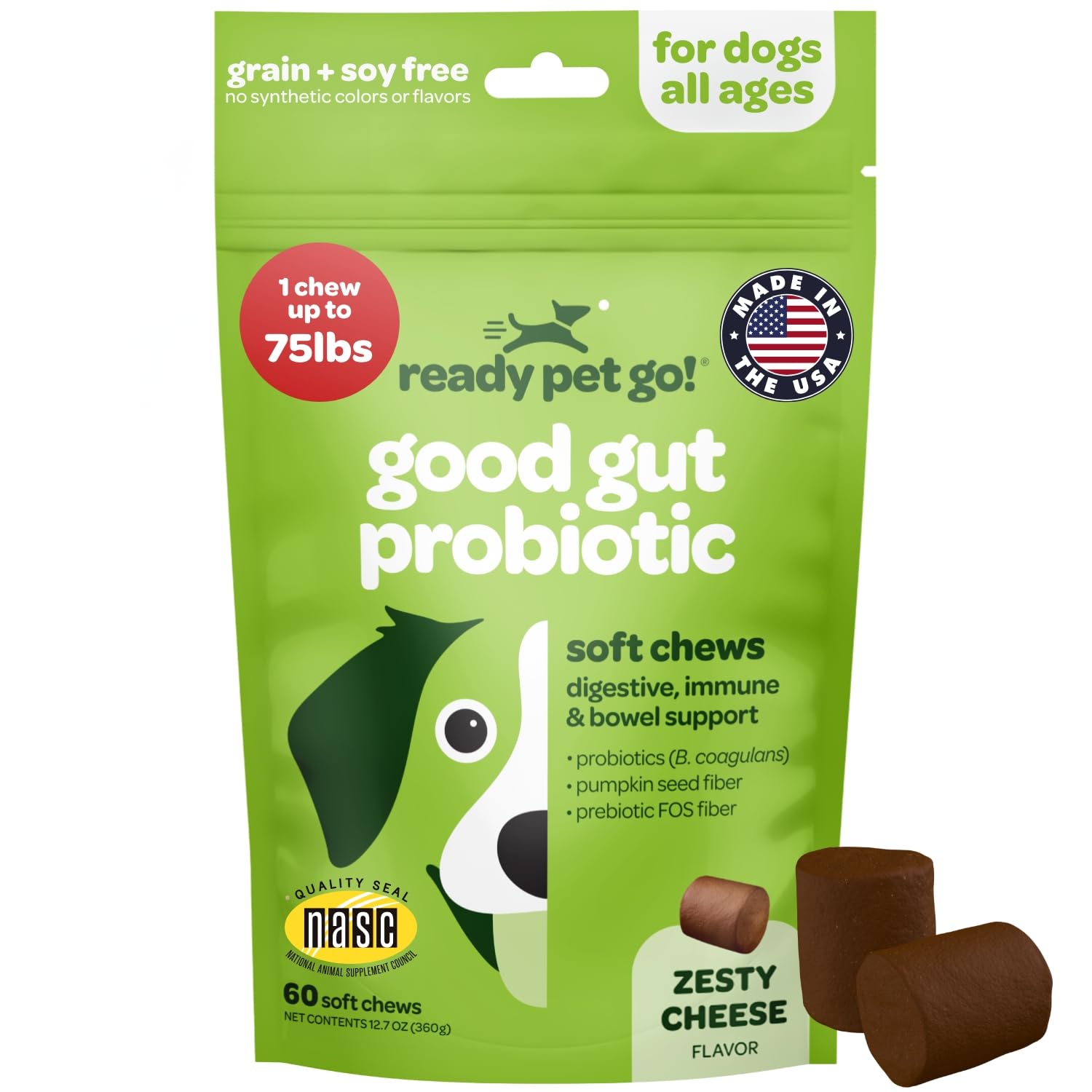 Probiotic Chews for Dogs Gut Health | Tasty Pre and Probiotics for Dogs Digestive Health with Pumpkin Dog Probiotics and Digestive Enzymes | NASC Certified & Made in The USA | 60 Chews