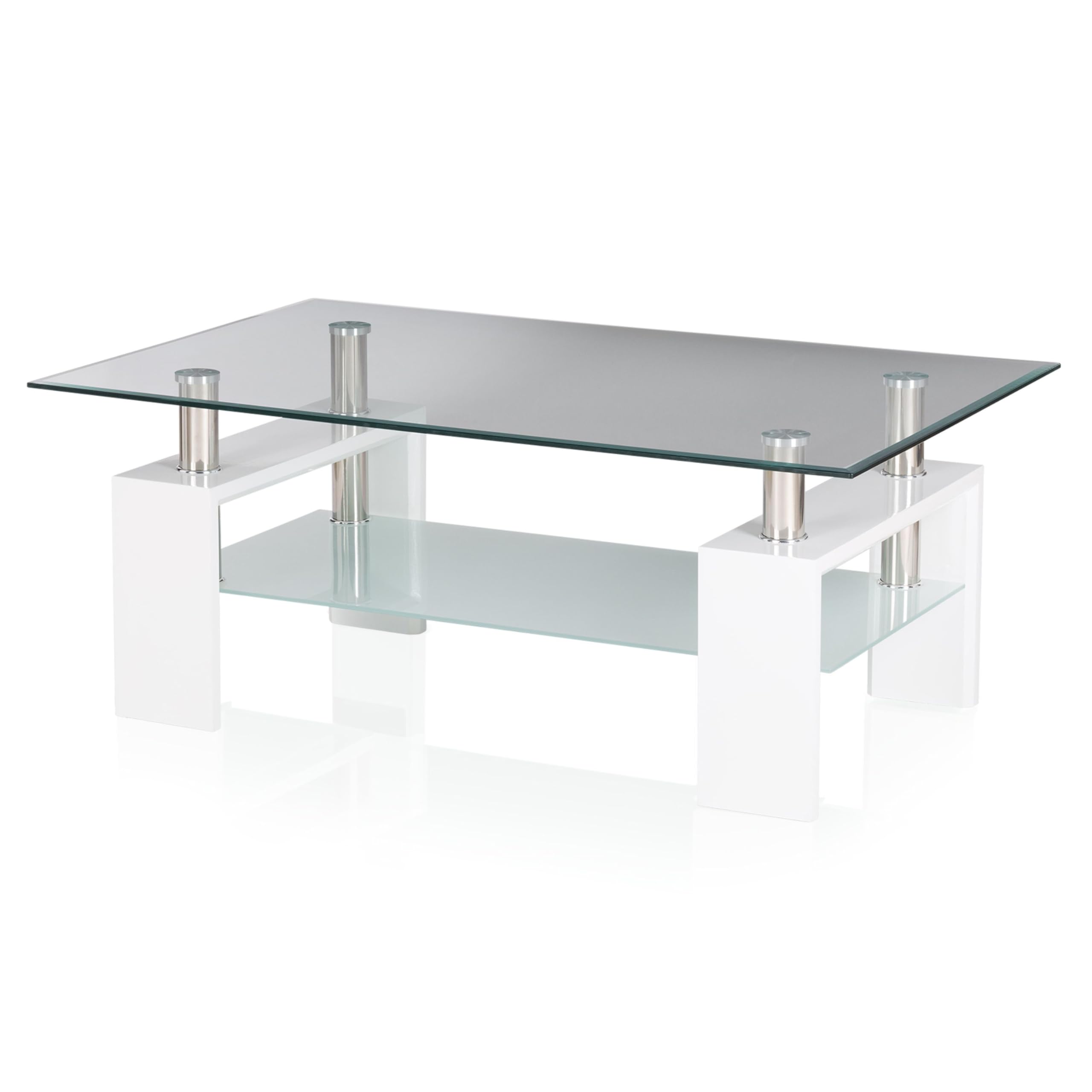 KHG Couchtisch weiß, Tischplatte inkl. Ablagefläche aus Glas transparent