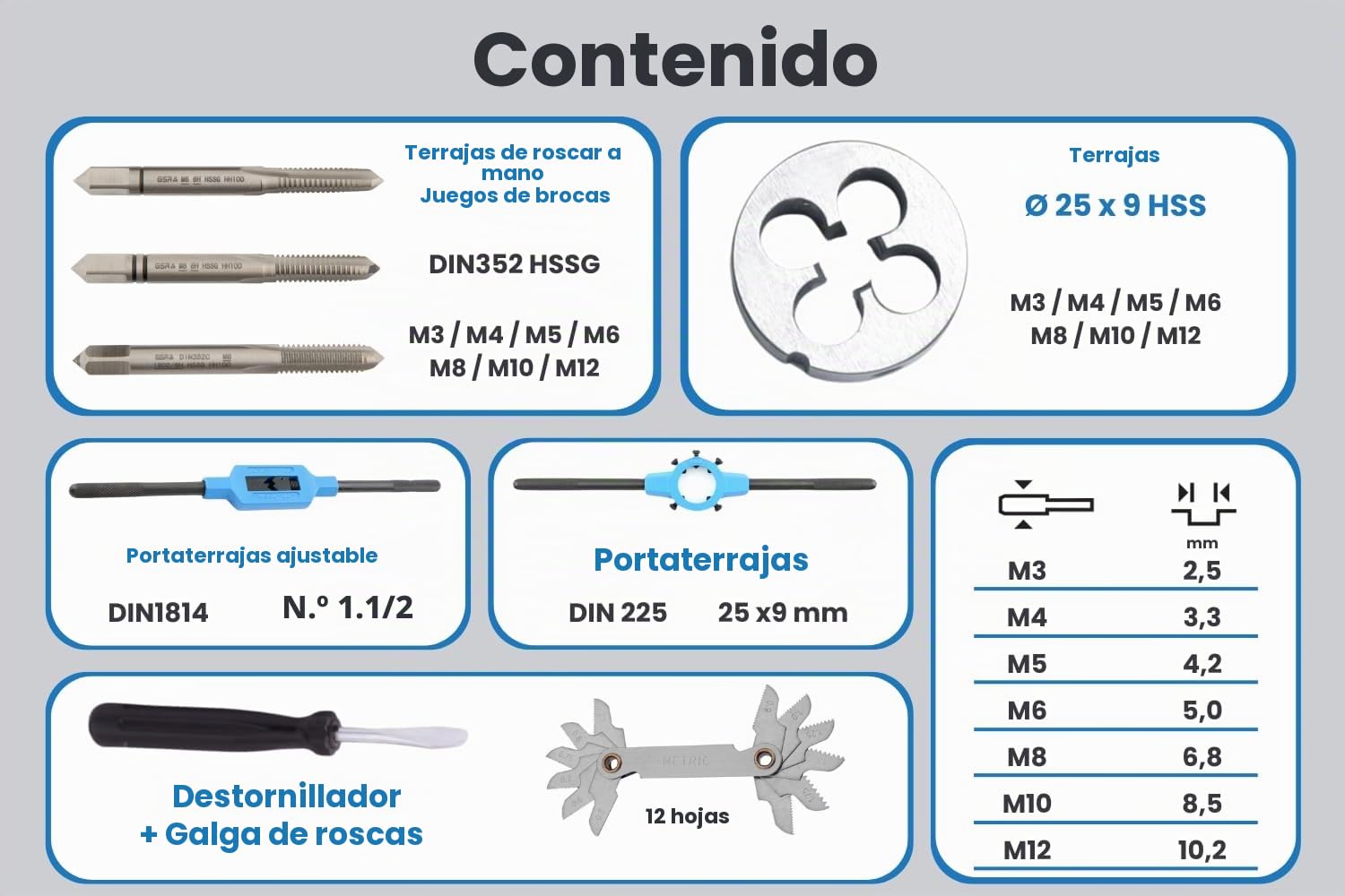 Juego de herramientas para roscar HSSG métrica | M3-M12 | 32 piezas | machos, terrajas y porteherramientas