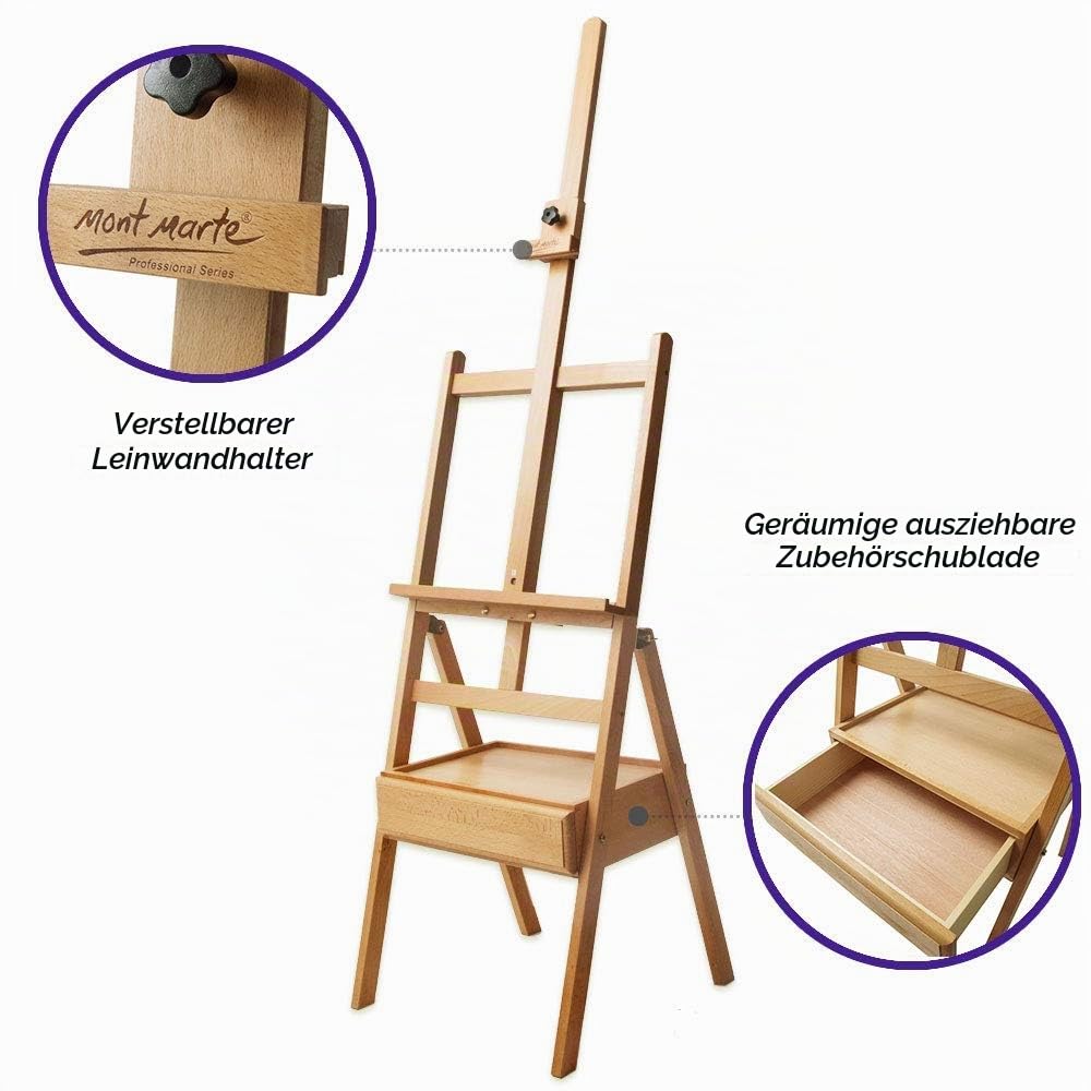 Mont Marte Professionel Staffelei mit die Speicherung Schublade, Buchenholz Staffelei für Leinwände bis 35 Zoll Höhe