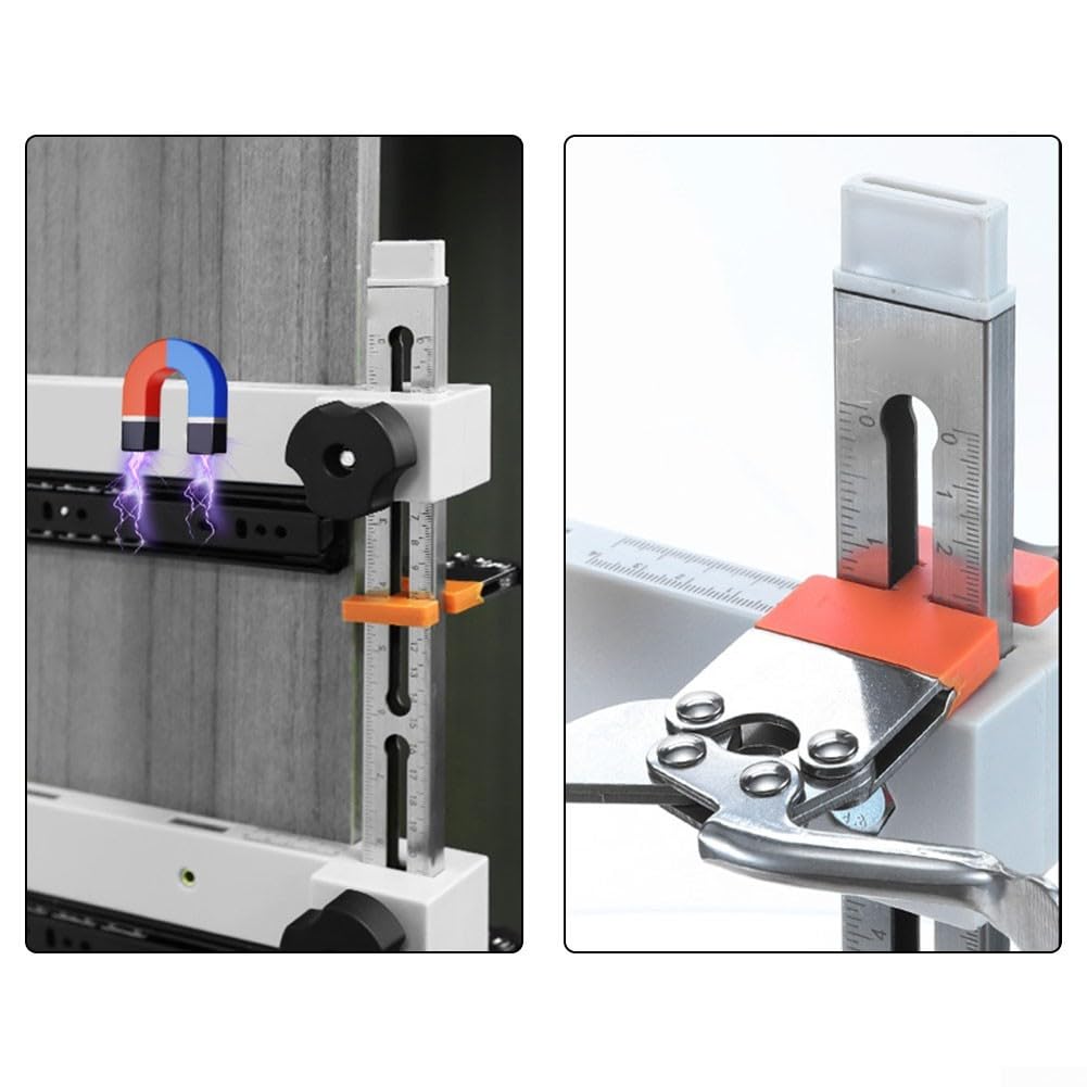 Abrazadera deslizante ajustable para cajón con grabados de doble escala y brazo de apoyo para un ajuste seguro del gabinete de cocina con construcción de metal y plástico (juego de 1 pieza)