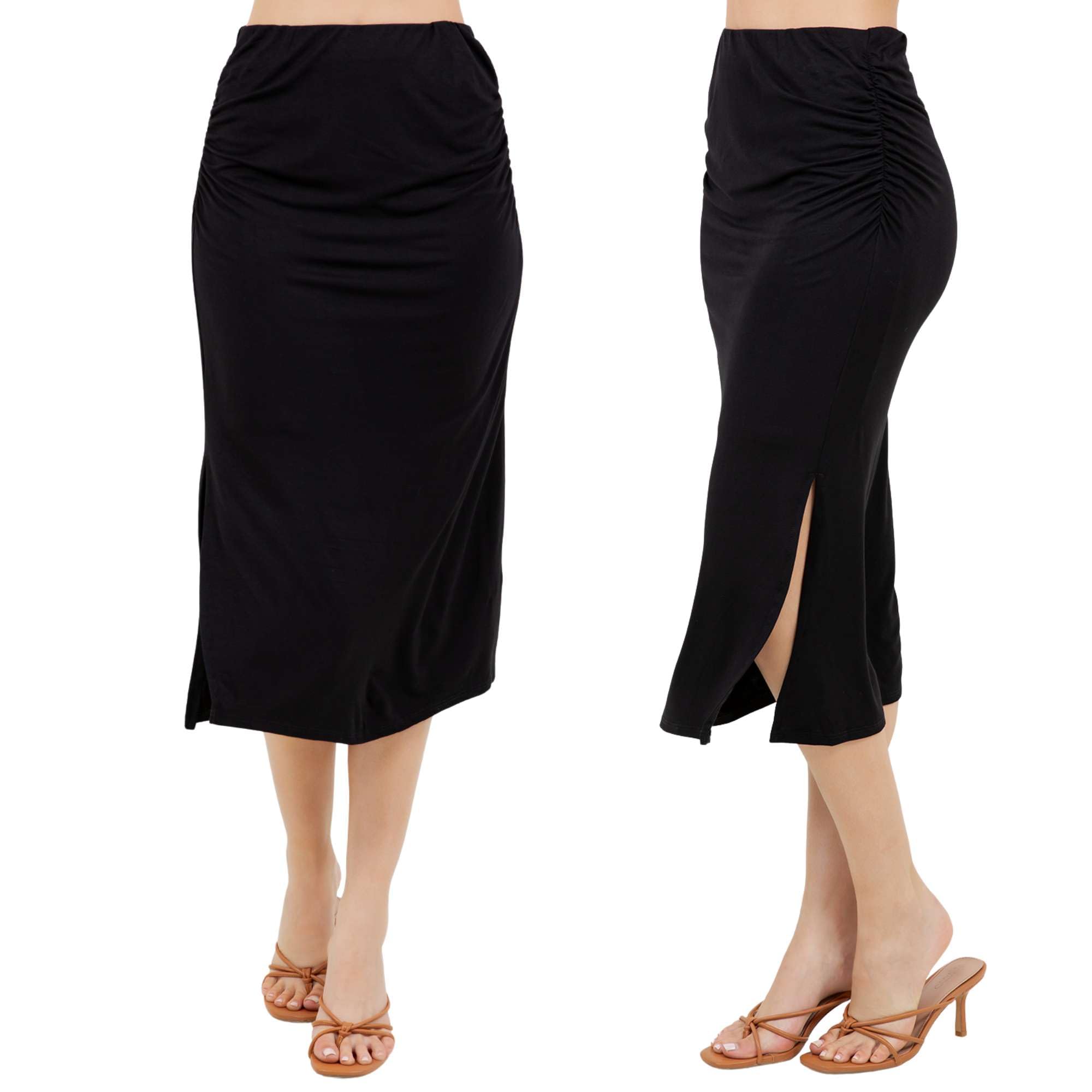 Azules Womens Stretchy Midi Skirt Ruched Bodycon Jersey Knit Skirt with Side Slit Pull-On High Waist Fit
