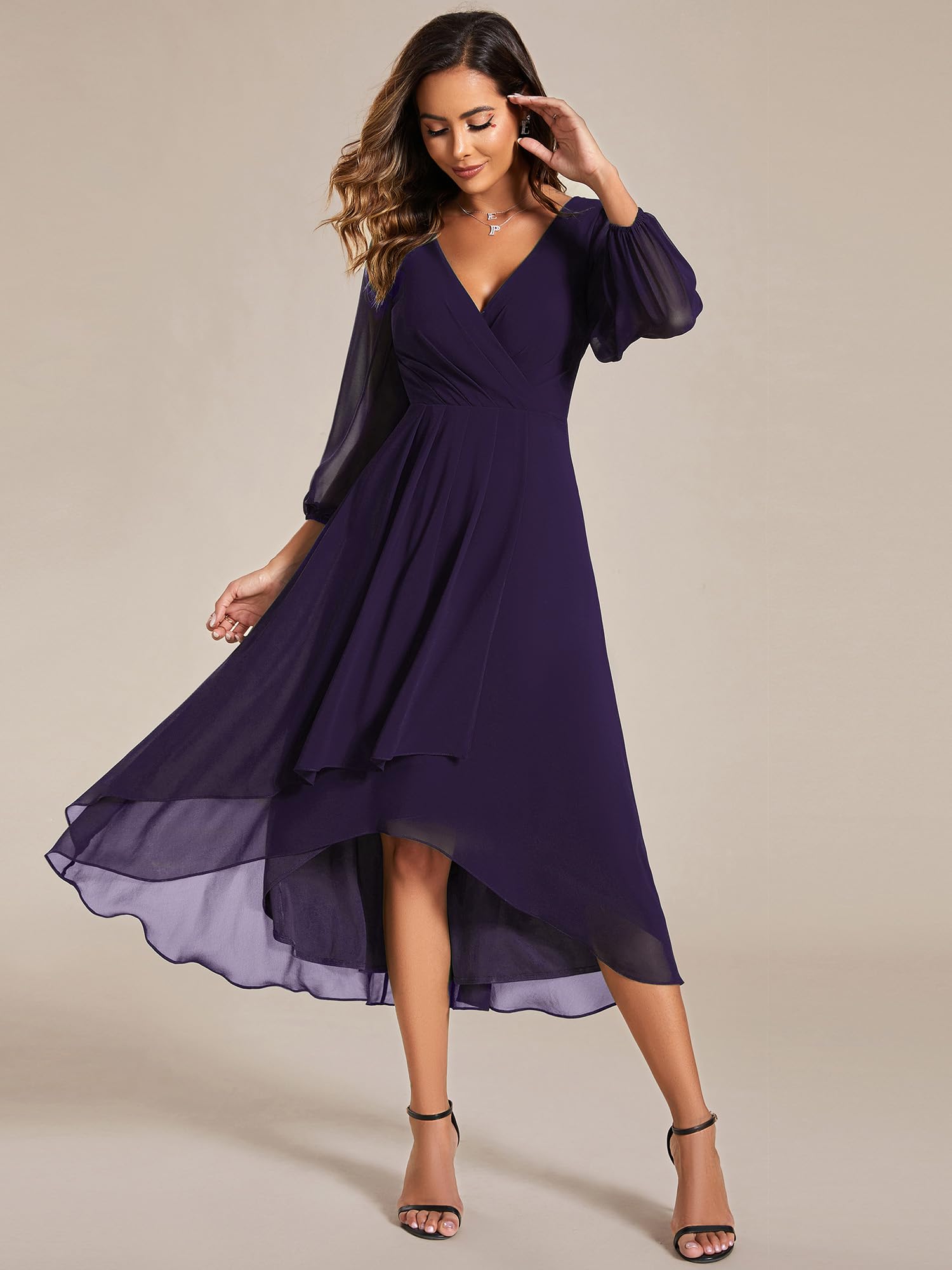 Ever-Pretty Robe de Soirée Femme A Line High Low Col V 3/4 Manches pour Mariage Chic EG01926
