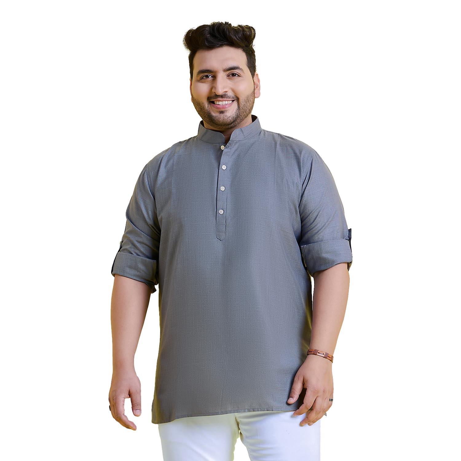 Bigbanana Plus Size Men's Regular Fit Solid Short Kurta (Pollan-Grey,Grey,3Xl)