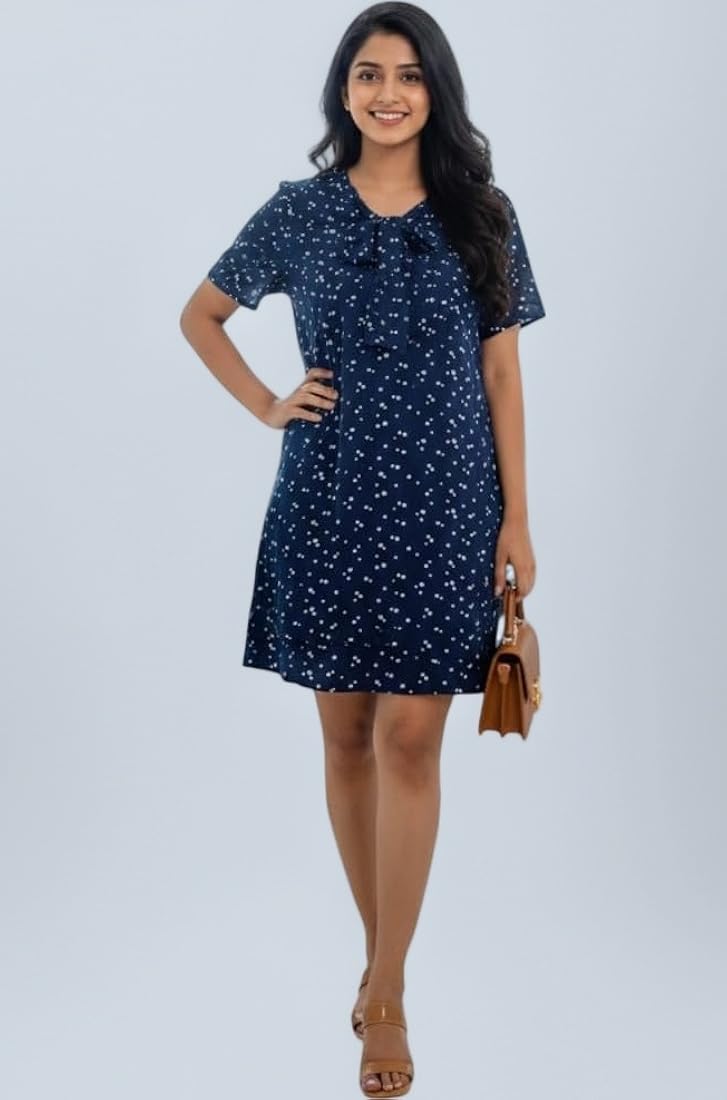 Buy Women's Polka Dot Navy Blue Georgette A-Line Mini Dress | Short Sleeve  Shift Dress with Bow Neck Accent at Amazon.in