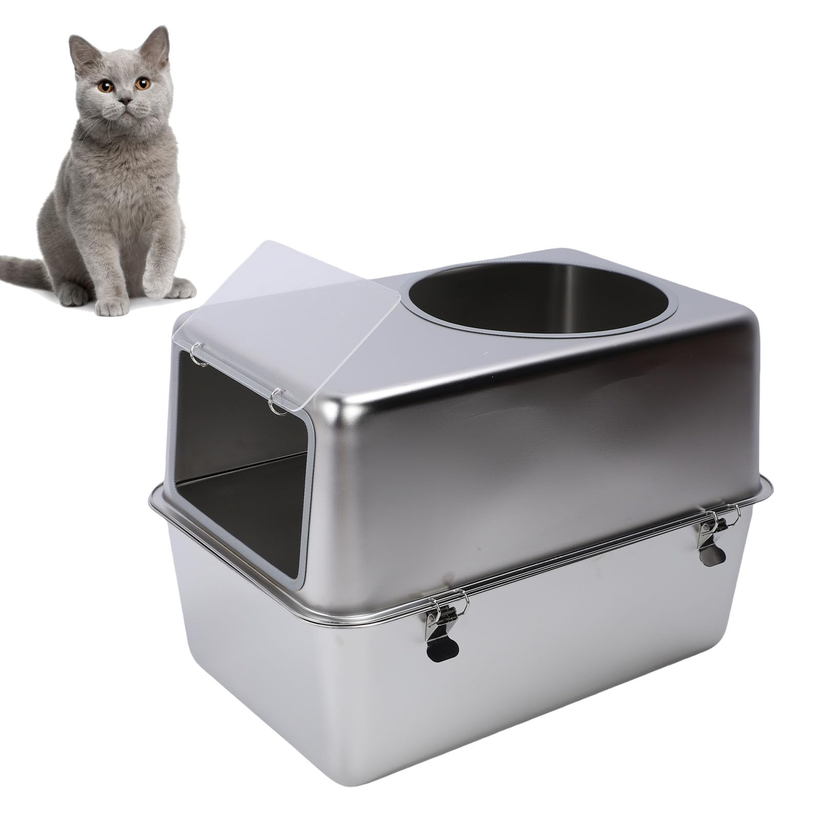 Generic Cassetta Igienica in Acciaio Inox con Ingresso Laterale Alto, Adatta per Gatti di Grandi Dimensioni per la Gestione degli Odori