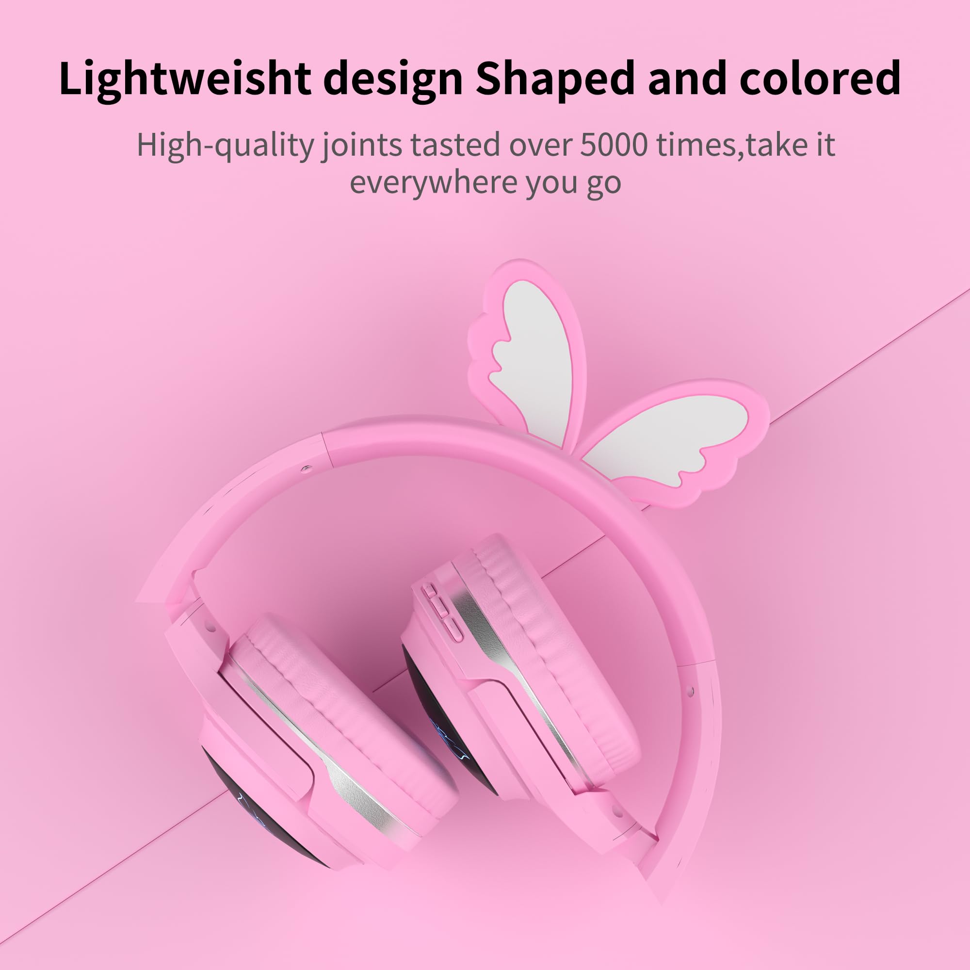 Cuffie wireless per bambini, volume limitato 85 dB, luci LED, batteria 40H, farfalla rosa