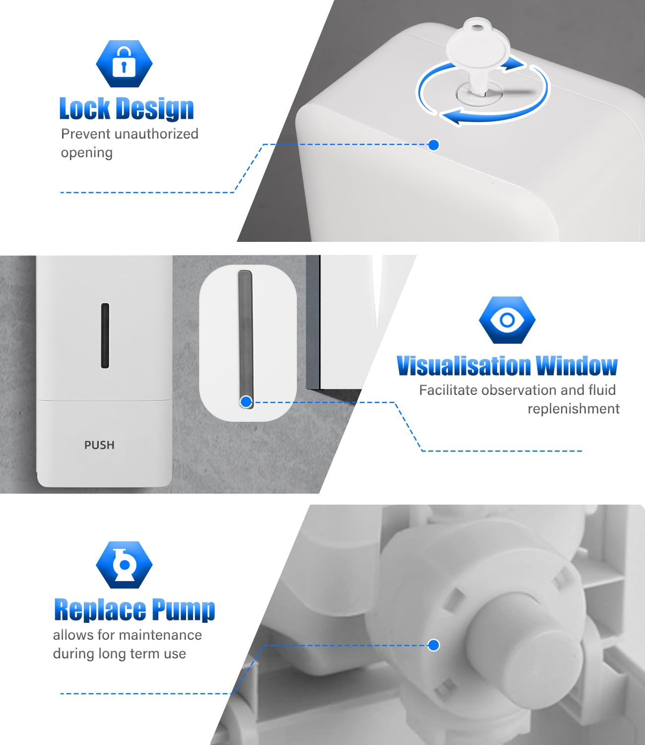 Dispenser Sapone Bagno, Dispenser Sapone Bagno a Muro Ideale per Bagni Commerciali, da Utilizzare con Disinfettanti e Saponi per le Mani, ABS Bianco 800ML Grande Capacità