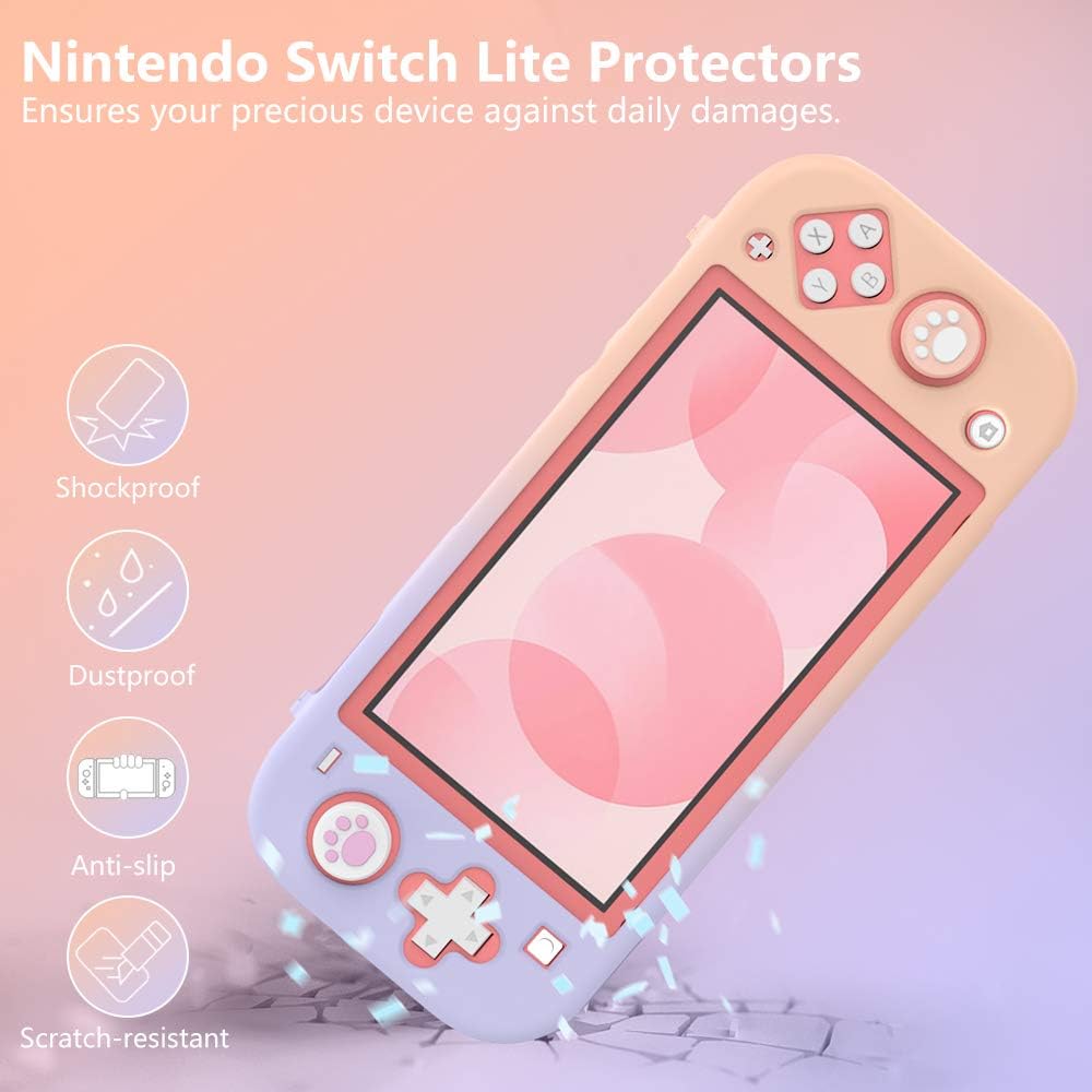 TiMOVO Case Compatible with Nintendo Switch Lite with 2 Screen Protectors & 4 Joystick Caps, Switch Lite Shock-Proof Protective Case Cover Accessories, Pink + Purple