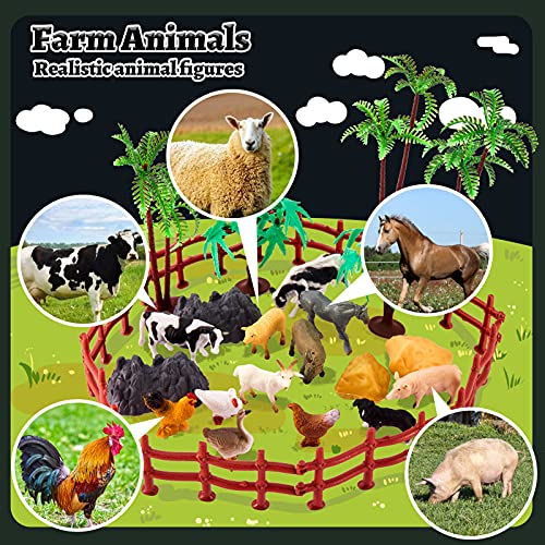 TOEY PLAY 3 in 1 Tierfiguren, Dinosaurier Figuren, Safari Wildtiere, Bauernhof Spielzeug, 56 Stück mit Portable Koffer, Geschenk für Kinder Jungen ab 3 Jahre