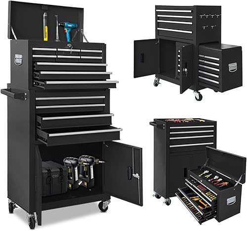 Cofre de herramientas de 13 cajones con doble manija de puerta, 2 en 1, baúles de herramientas desmontables con ruedas y cajones, caja de
