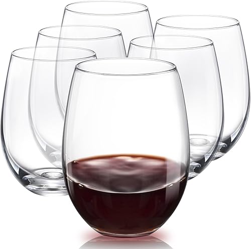Juego de 6 copas de vino sin tallo, copas de vino tinto sopladas a mano, vasos de cristal transparente, 18.5 onzas