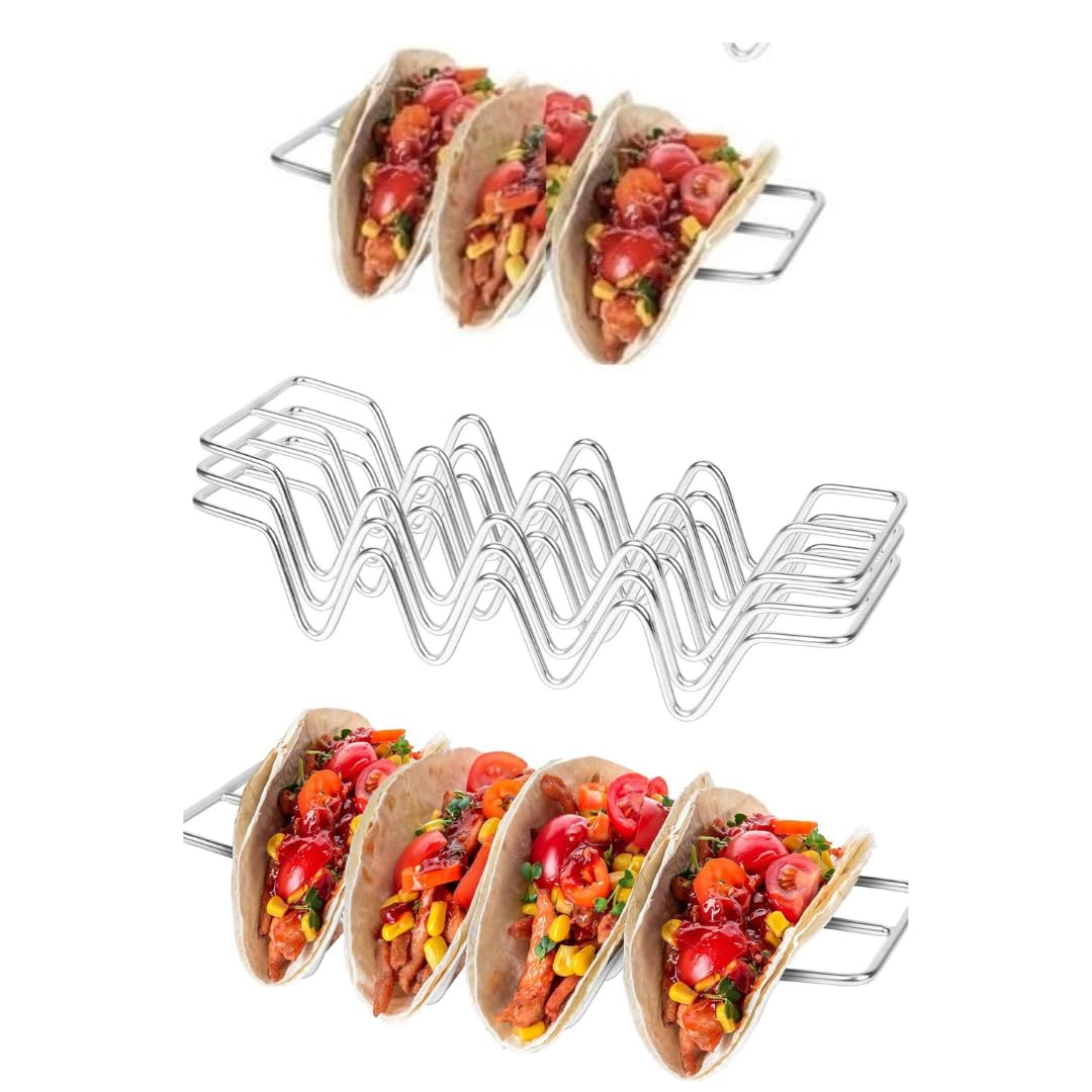 Matfa Stainless Steel Taco Shell Holder Stand, Taco Holder Set Of 2,( 3 & 4 Grid Section ) Taco Holder Serving Set, Taco Racks for Baking and Grill Safe ( Pack of 2 )