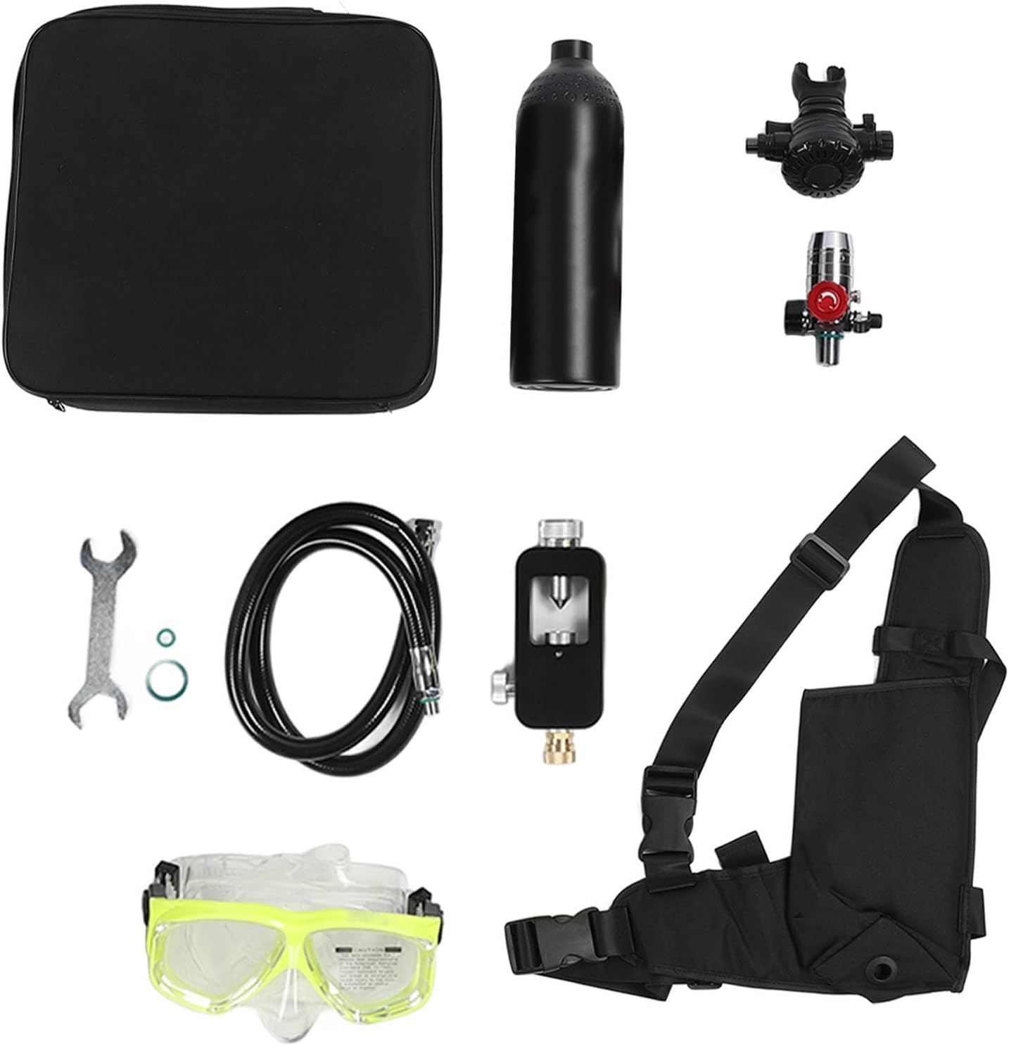 Mini Scuba Tank Portable Diving Gear 1L Oxygen Cylinder Set for Underwater Exploration Rustproof Aluminum Alloy Stainless Steel Silicone Complete Diving Kit with Backpack Goggles