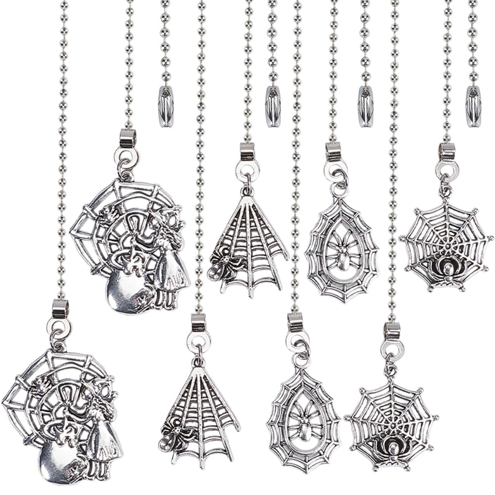 CRASPIRE 12Pcs 4 Style Spider Web Ceiling Fan Pull Chain Extender Halloween Charm Pendant Adjustable Decorative 12.6 Inch Extension Connector Ball Bead Cord Replacement Hanging Ornaments Lighting Lamp