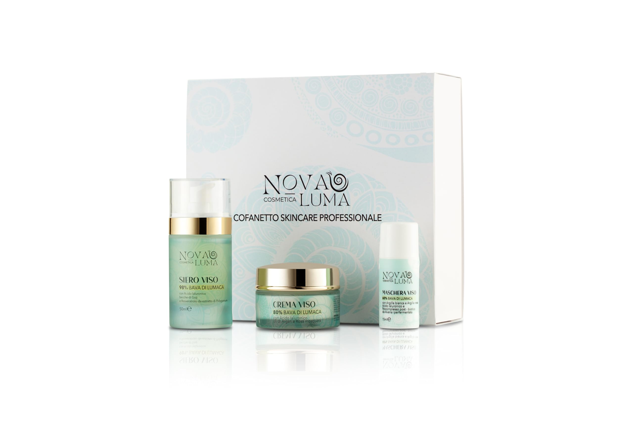 Nova Luma - 3 in 1, Siero e Crema con Bava Di Lumaca 98% e 80% Acido Ialuronico Antirughe e Aloe Vera con Maschera Viso 60% Contorno Occhi,Burro di Karitè,Olio d'Oliva