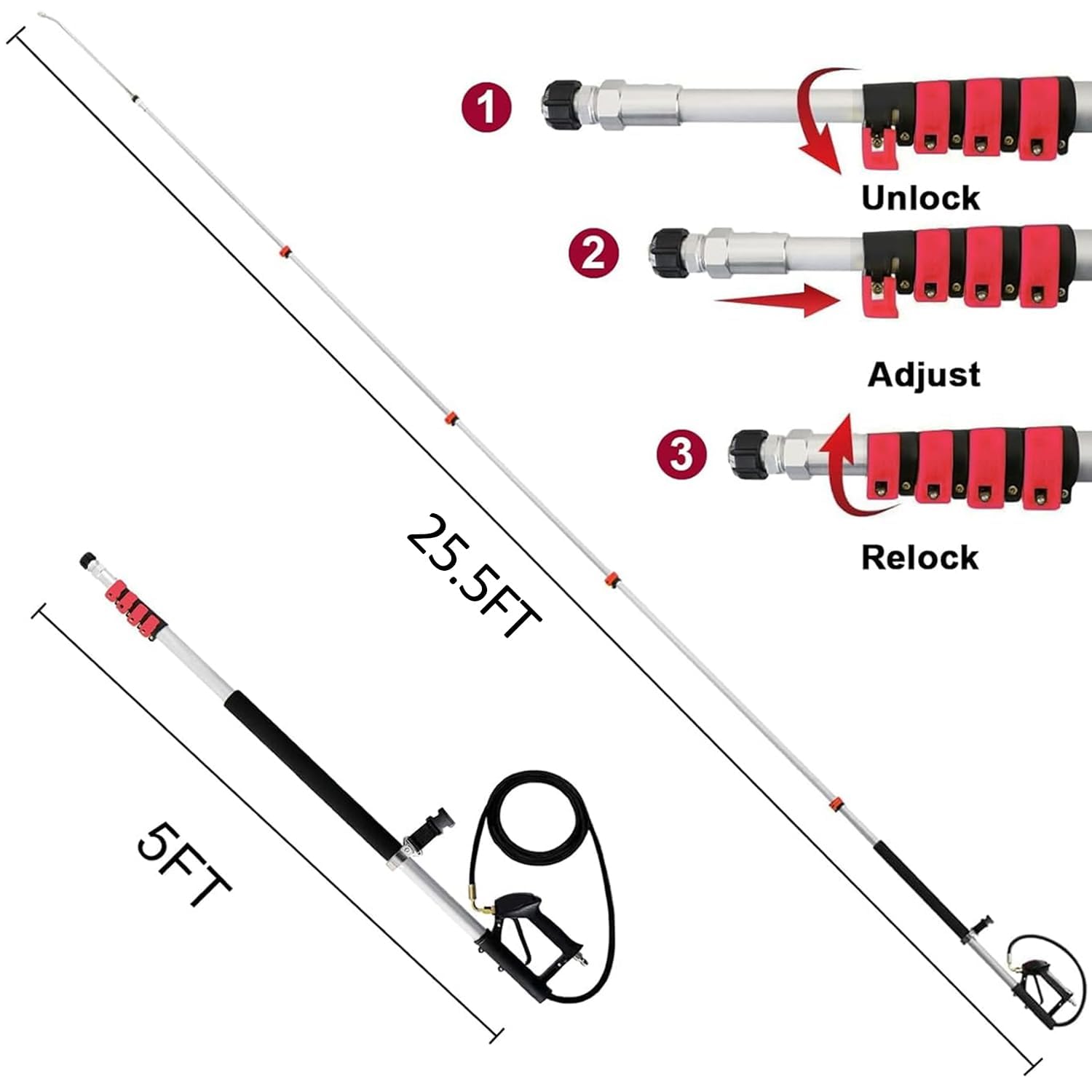 Gresonic Bacchetta telescopica ad alta pressione, 7,3 m, set di 7 punte per ugelli a spruzzo, 2 adattatori per tubi e cinghia di supporto per grondaie, sottoguanti, pareti (24)