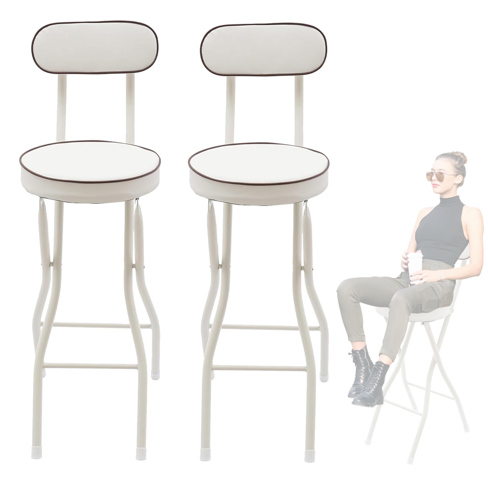 Lot de 2 tabourets de bar pliants avec dossier en cuir rembourré - Gain de place - Supporte 150 kg - Parfait pour la maison, le petit déjeuner, le coin d'art (blanc, hauteur 65 cm)
