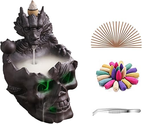 Quemador de incienso con cascada de dragón - Quemador de cerámica con reflujo con cabeza de calavera, decoración Zen para meditación para el hogar,