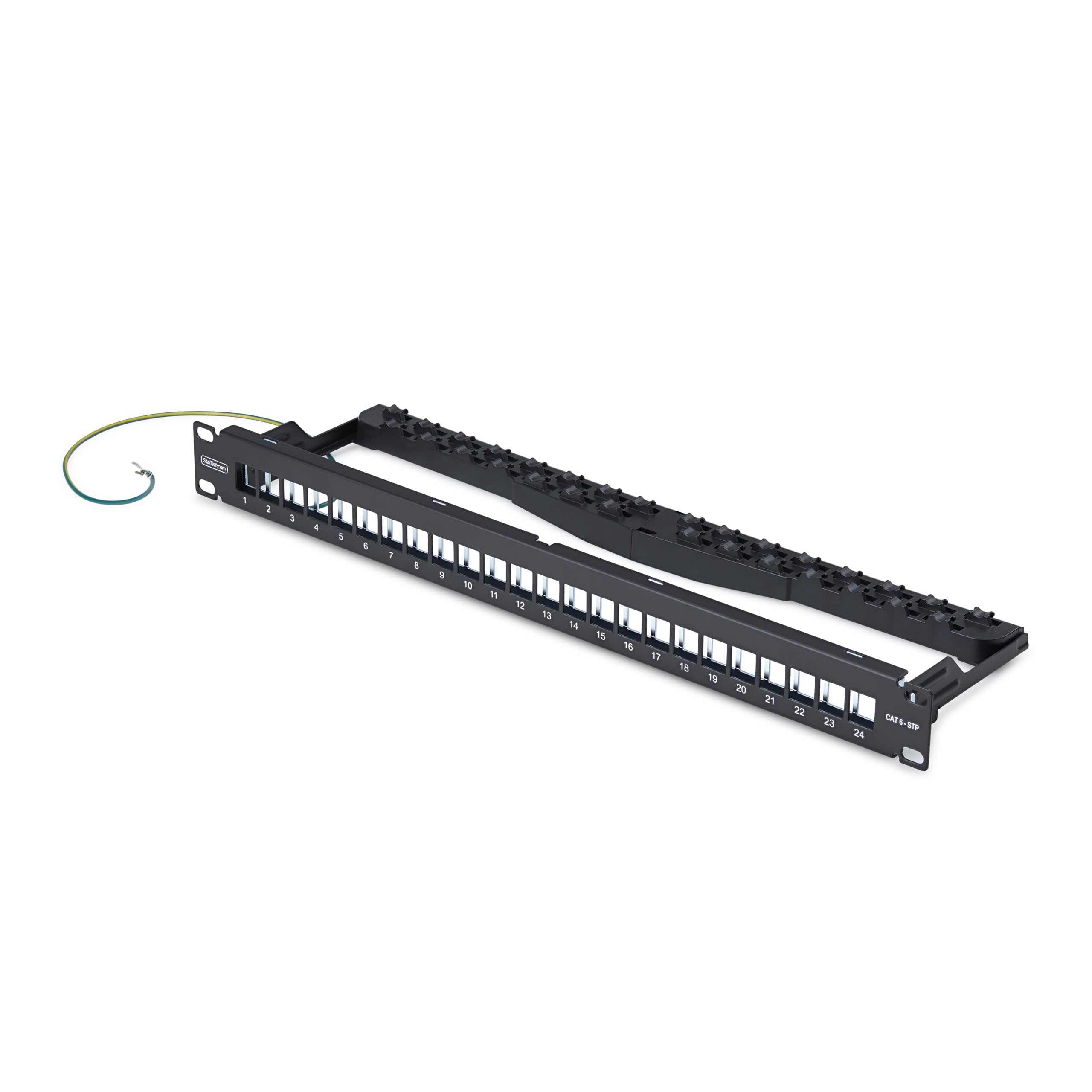 24-PORT 1U BLANK KEYSTONE PATCH PANEL WITH CABLE MANAGEMENT BAR AND GROUNDING WI