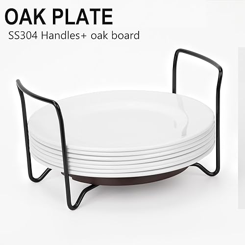 Miniatura 5 de Soporte para platos, pequeño y grande, paquete de 2 unidades para organizadores de platos de 6 a 13 pulgadas, base redonda de madera de color marrón
