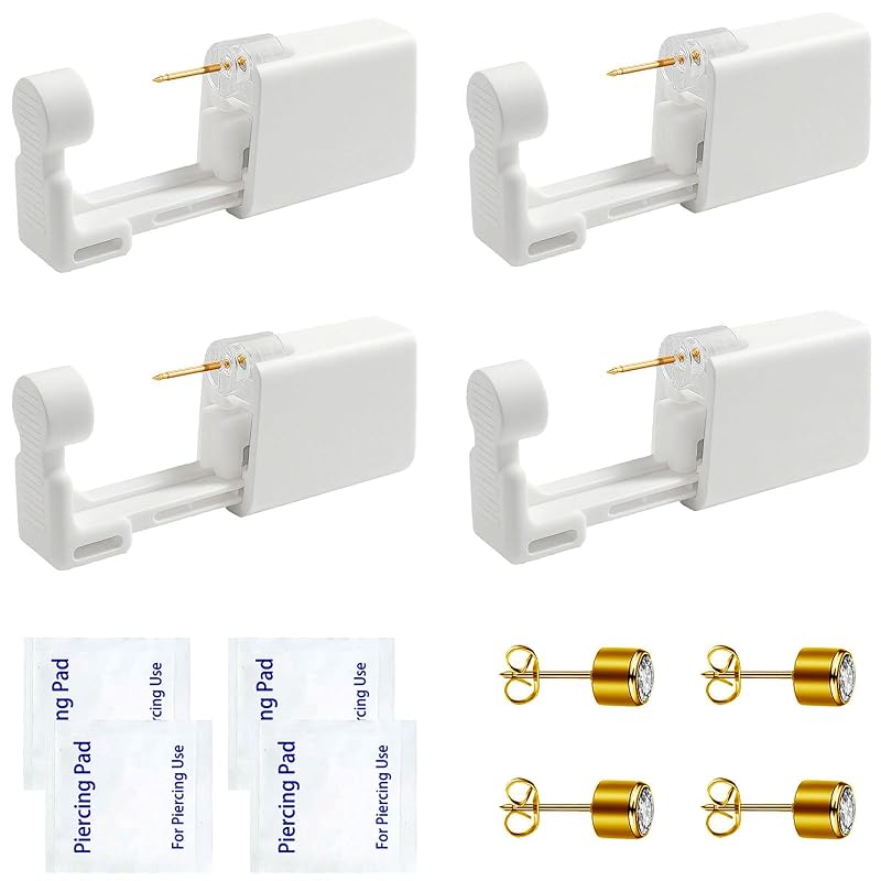 Kit para Piercing de Orelha SLVIEKAE com 4 Pistolas Descartáveis e Brincos de Zircônia Cúbica, 4 mm, Dourado e Branco