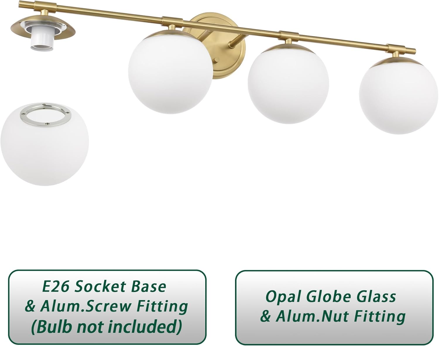 Gold Bathroom Vanity Light Fixtures, 4 Light Globe Wall Sconce Lighting Over Mirror, Modern Vanity Lights for Bathroom, Mirror Cabinets Hallway Stairs, Standard E26 Base, Aged Brass