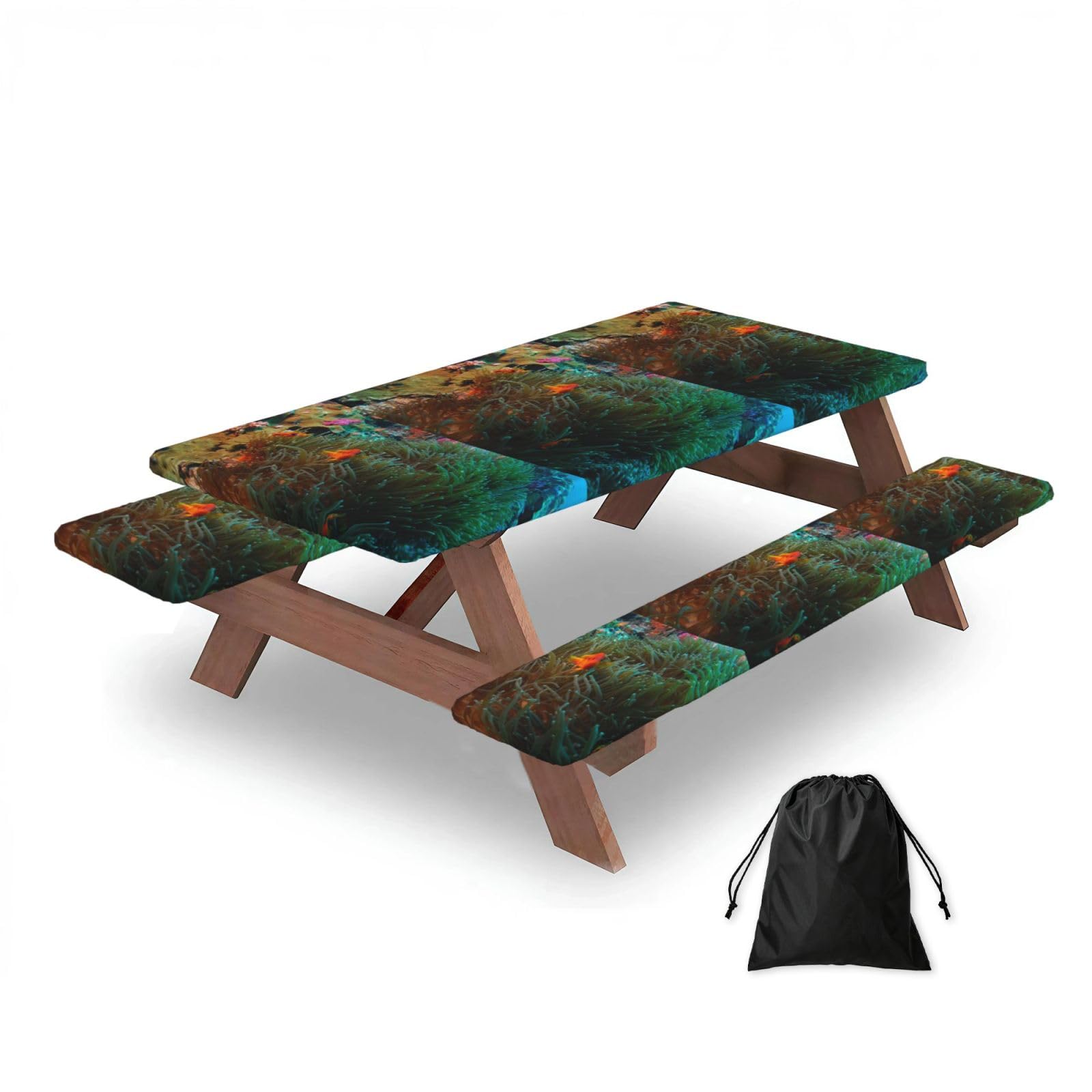Dopklna As Picture Coral And Fish Printe, Picnic Table Cover With Bench Covers -Waterproof Elastic Fitted Tablecloth For Garden Camping Patio 76X152cm