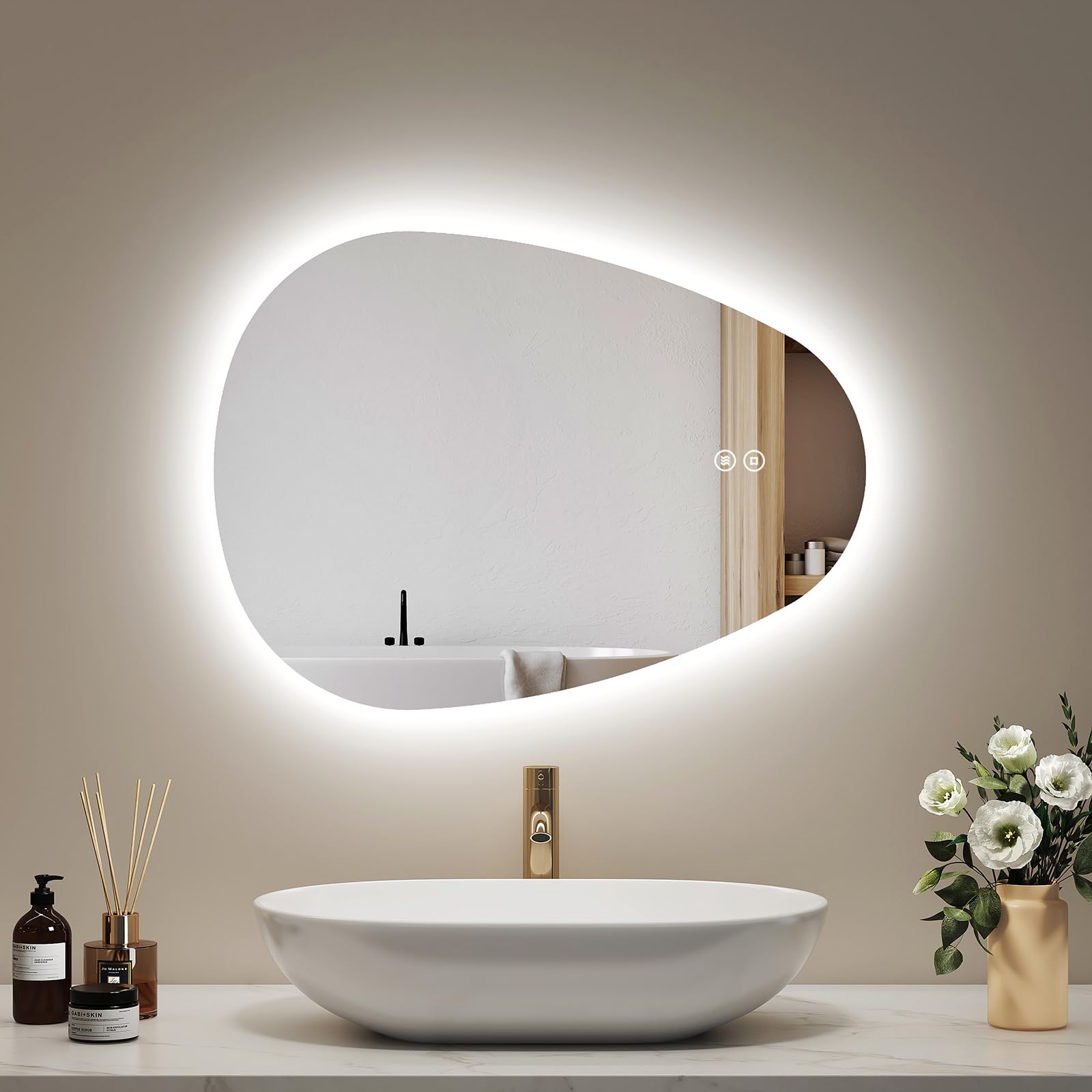 EMKE Espejo Baño con Luz Led – 60 x 45 cm – Antiempañante, Diseño Asimétrico, 3 Colores de Luz Ajustables, Espejo LED, Interruptor Táctil, Función de Memoria, Ahorro Energético