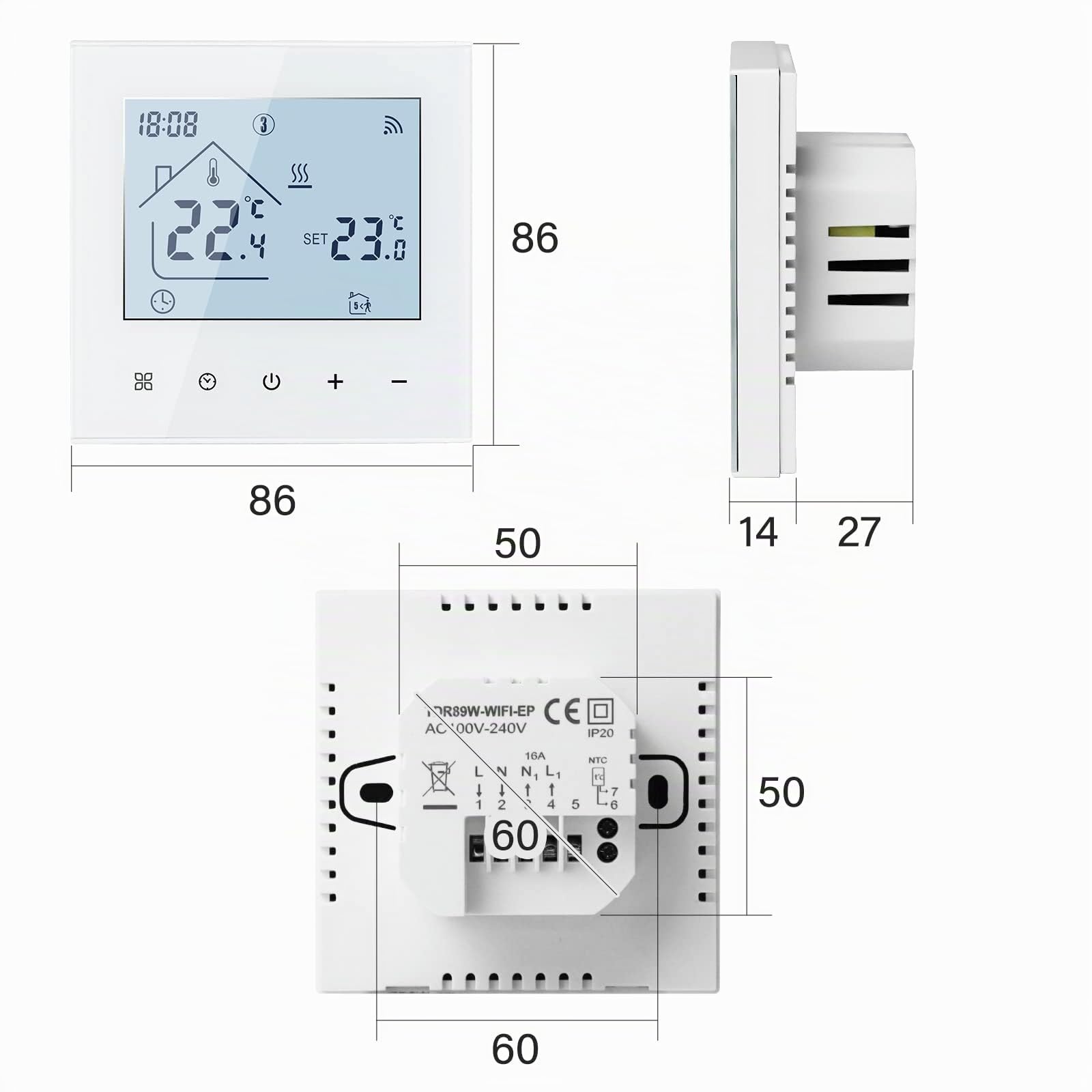 Beok Termostato Wifi Smart Ambiente per Riscaldamento Elettrico Programmabile Senza Fili Con Sensore Esterno, Display LCD Compatibile Alexa, Google Home 16A TDR89W-WIFI-EP Bianco