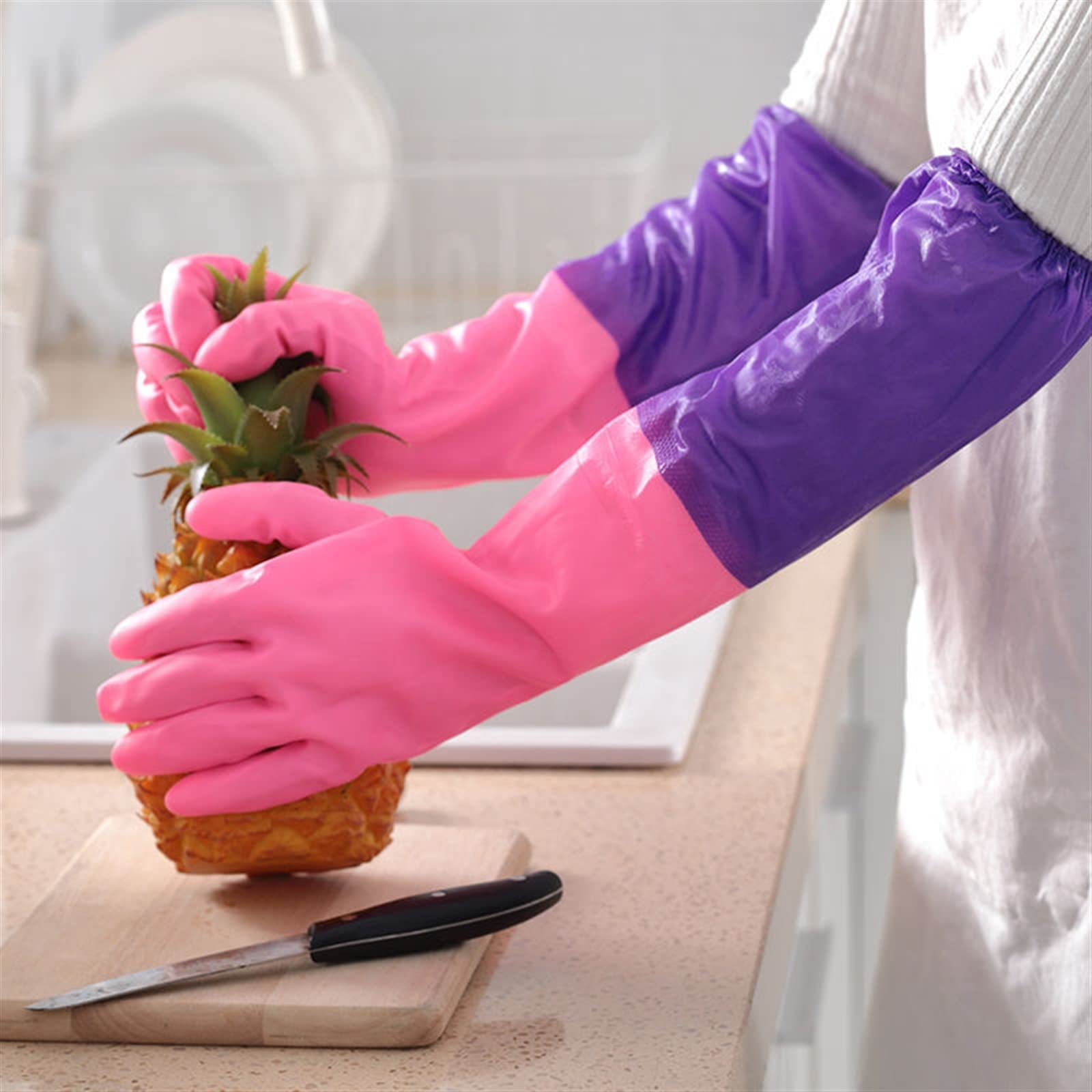 Guantes domésticos de lavado de caucho impermeable Dishwashing Gloves Rubber Plastic Household Cleaning Kitchen Durable Waterproof Latex(Rosso)