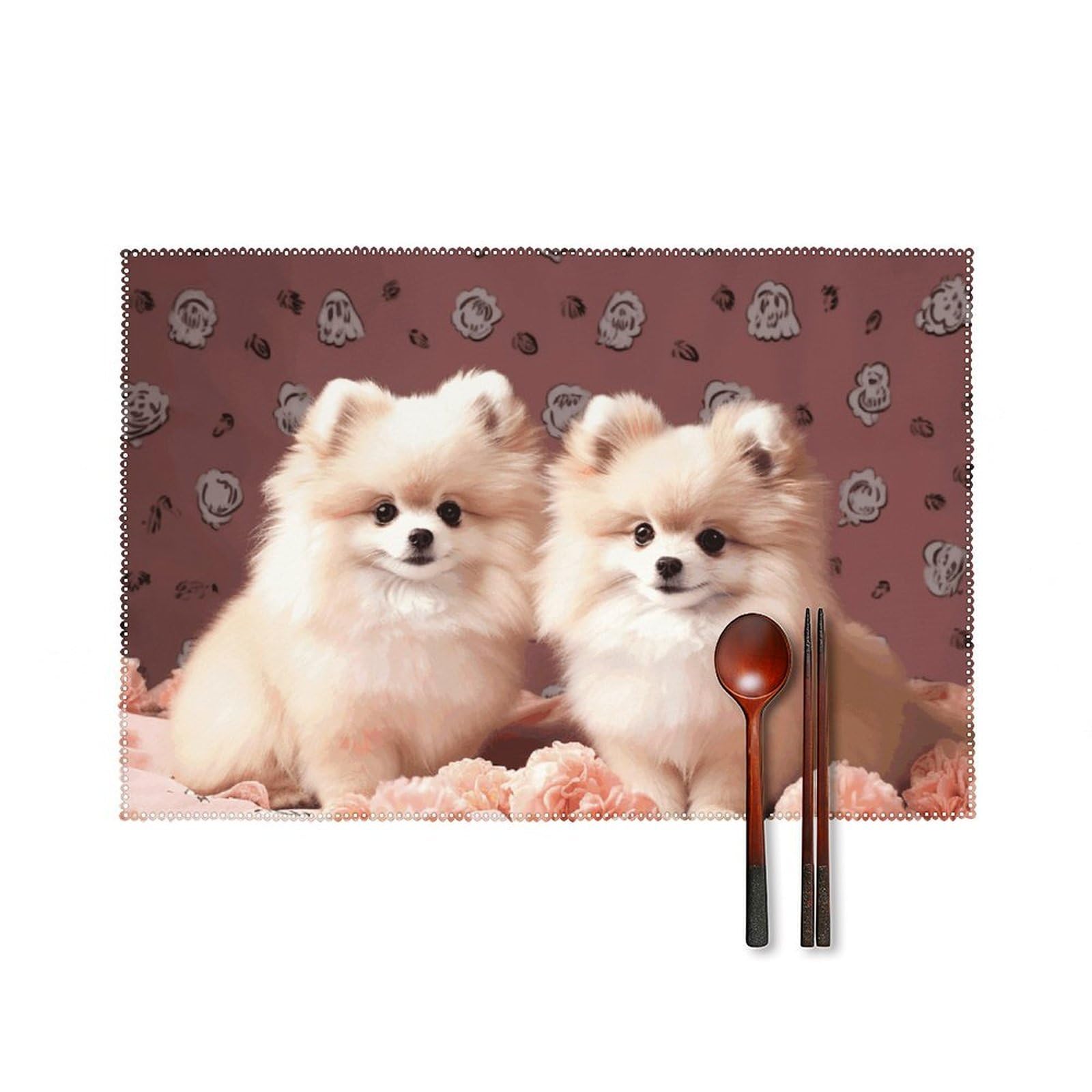 Pomeranians Puppies and Point Placemats Set of 6, 12x18 Inch Heat Resistant Washable Canvas Table Mats, Stain Resistant Decorative Dining Placemats for Kitchen, Restaurant, Outdoor Party