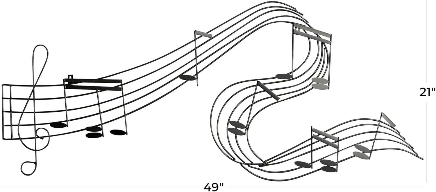 Deco 79 Metal Musical Notes Home Wall Decor Wavy Wall Sculpture, Wall Art 49" x 1" x 21", Black