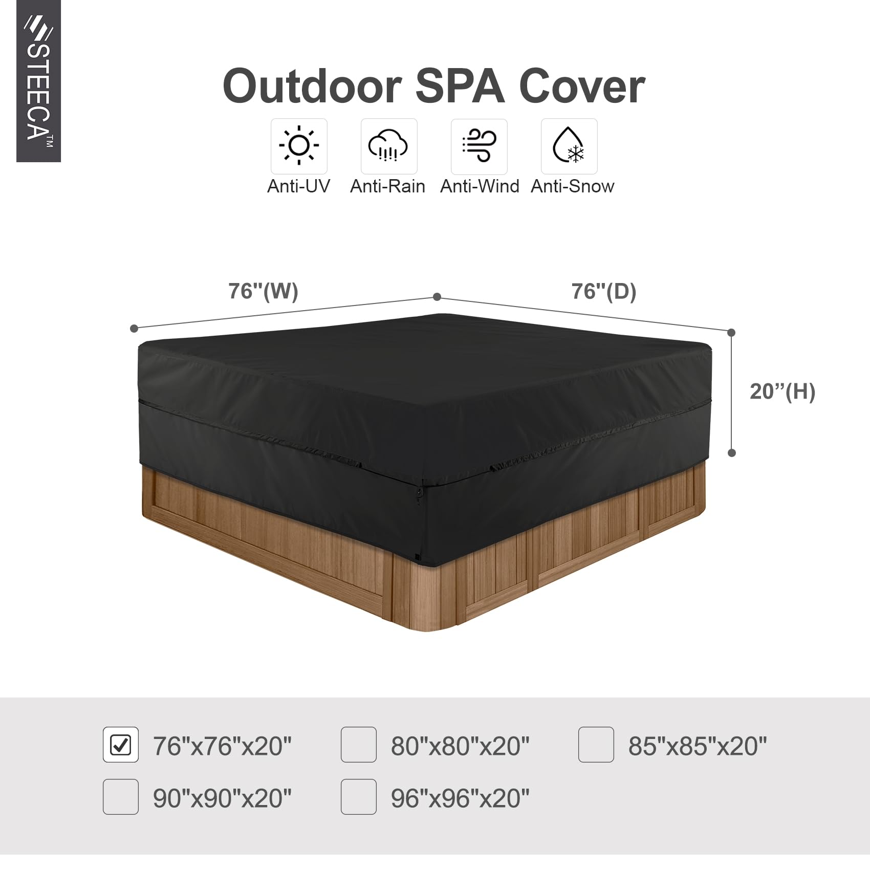 Cubierta impermeable para bañera de hidromasaje al aire libre, cuadrada, protector de cubierta dura de 76 x 76 x 20 pulgadas de alto, color negro