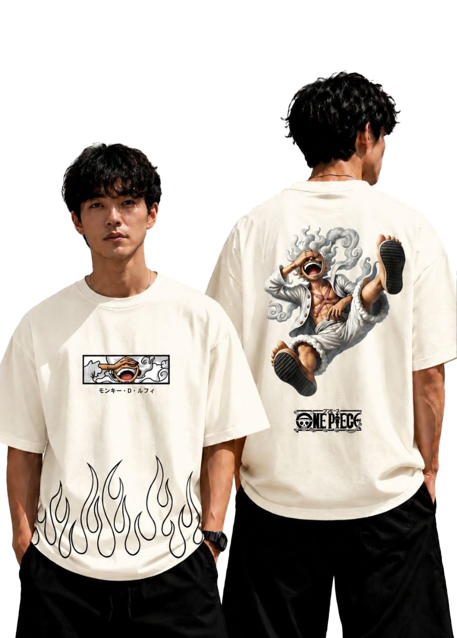 Vaikul Anime Inspired Oversized T-Shirt for Men, Beige - Image 1