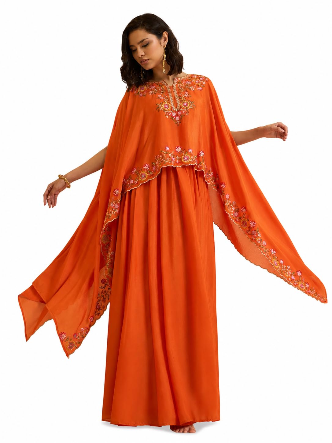 Orange Chinon Zari Sequence Thread Embroidery Ethnic Gown-image-7