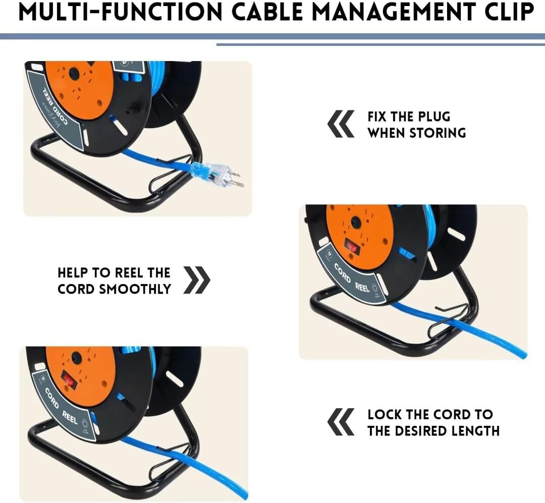 Extension Cord Storage Reel with 4-Grounded Outlets, Heavy Duty Open Cord Reel for 12/3 14/3 16/3 Power Cords, Portable Empty Hand Crank Electric Cord Roller Holder, Orange