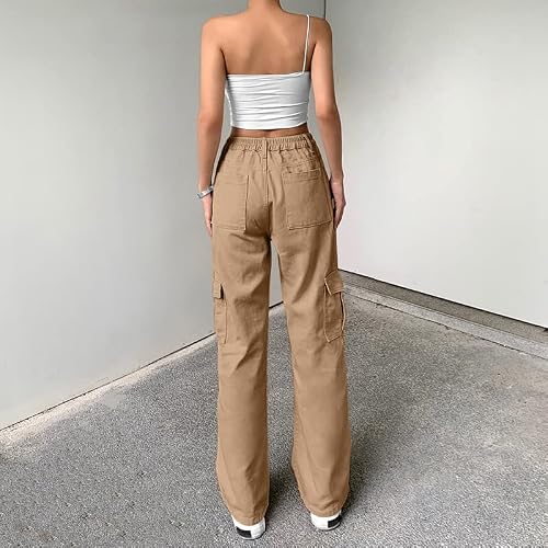 Lepunuo Cargo Pants For Women High Waisted Casual Pants Baggy Stretchy Wide Leg Y2K Streetwear With 6 Pockets Khaki #TOP4