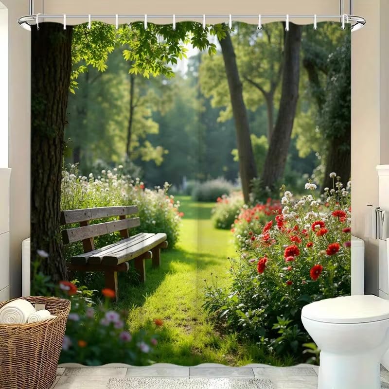 Rideau de douche étanche anti-éclaboussure motif jardin pour salle de bain