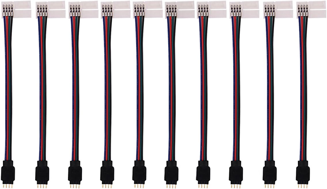 iCreating 10PCS LED 5050 RGB Strip Light Connector 4 Pin Conductor 10 mm Wide Strip to Controller Jumper Solderless Clamp On Pigtail Adapter for 5050 Color Changing Flexible LED Strip Light