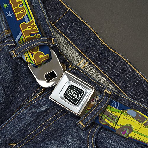 Image of Buckle-Down Seatbelt Belt - Vintage Ford MAVERICK-RUN WILD BE A MAVERICK Blues /Yellows - 1.0 inch Wide - 20-36 Inches in Length