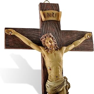 PlentifulHome Jesus Crucifix Wall Cross – 9.06” Resin Catholic Crucifixion Sculpture, INRI Cross with Jesus Figure for Home, Church, or Prayer Room, Religious Wall Hanging Decor
