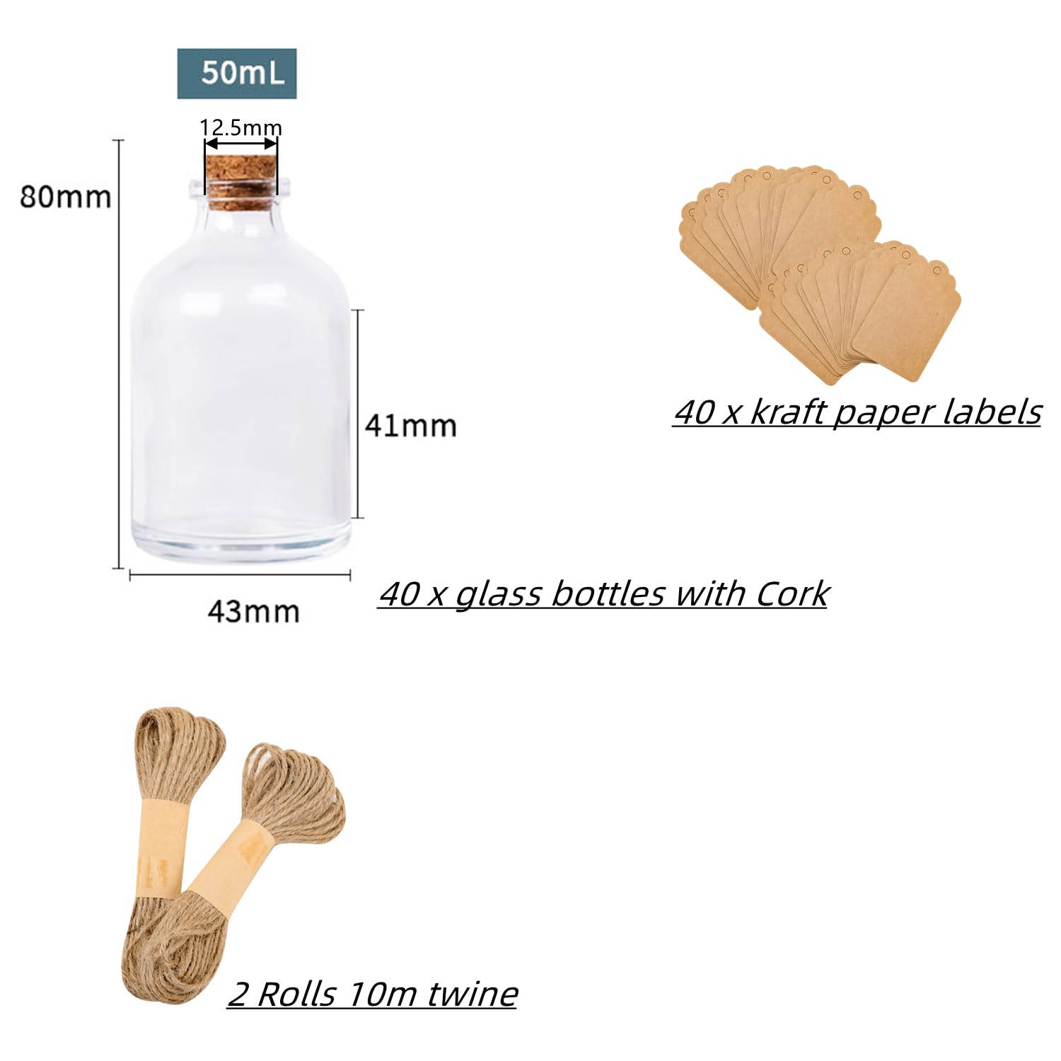 40 sztuk mini szklanych butelek z korkiem, szklane butelki 50 ml na upominki weselne, szklane butelki z korkowymi korkami, etykiety i sznurek do dekoracji rzemieślniczych, weselnych