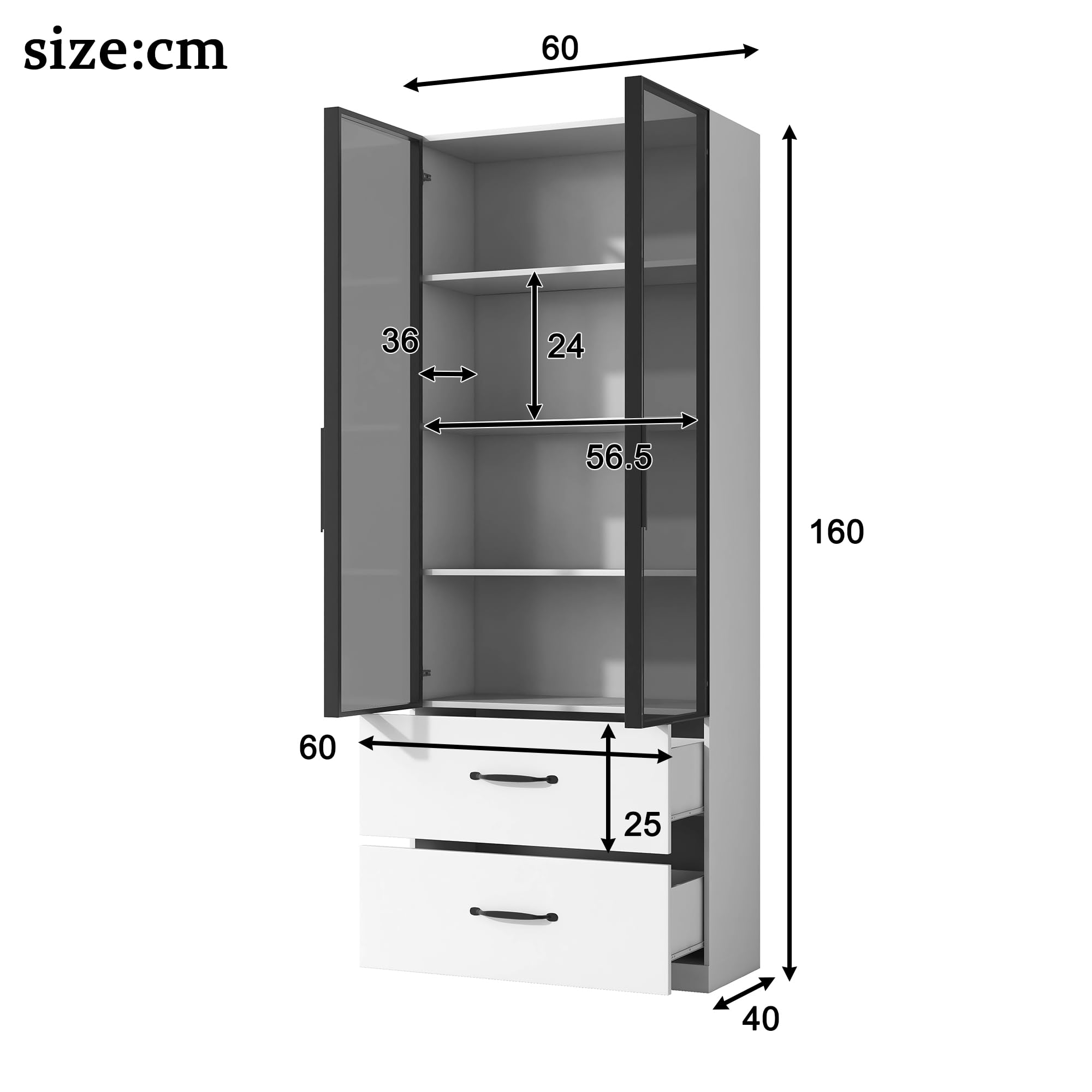 Vitrina de 60 × 40 × 160 cm, vitrina de cristal blanco, estantería y armario multifunción con cajones, con marco de aluminio, puertas de vidrio templado y bisagras de cierre suave