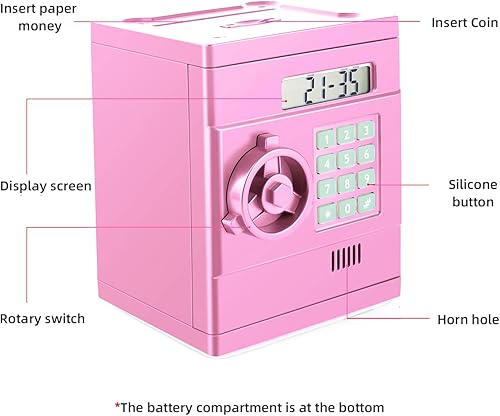 Miniatura 8 de Alcancía electrónica segura para niños, moneda en efectivo, mini alcancía de cajero automático, alcancía para niñas con contraseña y LCD, cajero