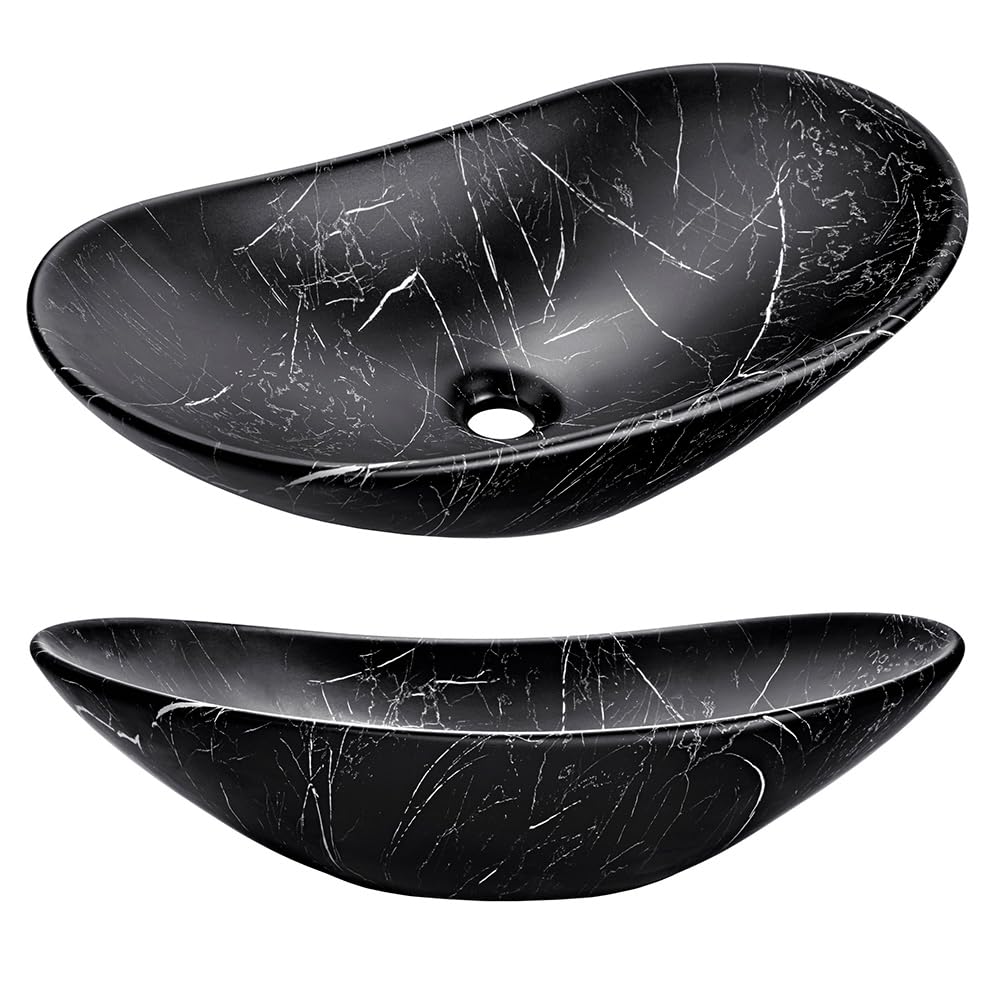 Lomadox Lavabo da bagno, 61 cm, nero opaco scanalato con lavabo in ceramica nero marmorizzato, larghezza x altezza x profondità ca. 61/75/46,5 cm