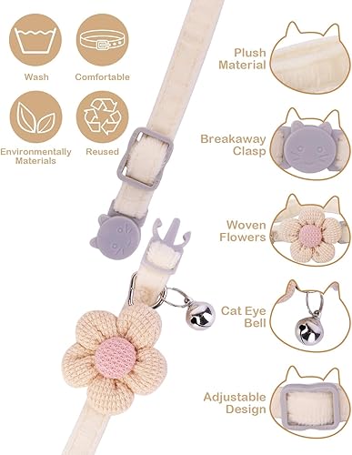 Miniatura 2 de Collar de gato con flor, collares de gato para niñas y gatos, collar de gato con campanas, collar ajustable para gatito, bonito collar de gato